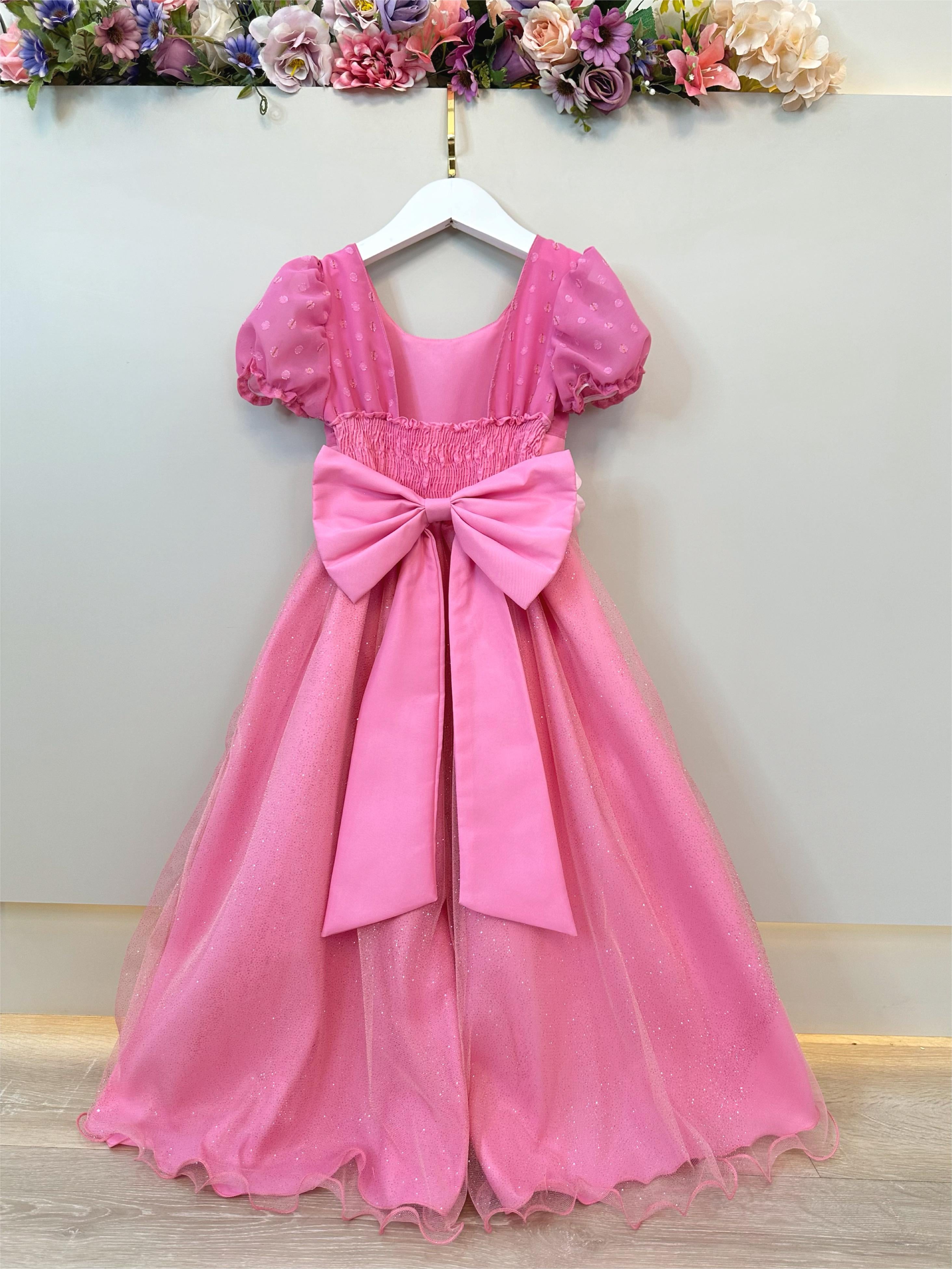 Vestido Infantil Longo Rosa Chiclete C/ Broche Flor Daminhas