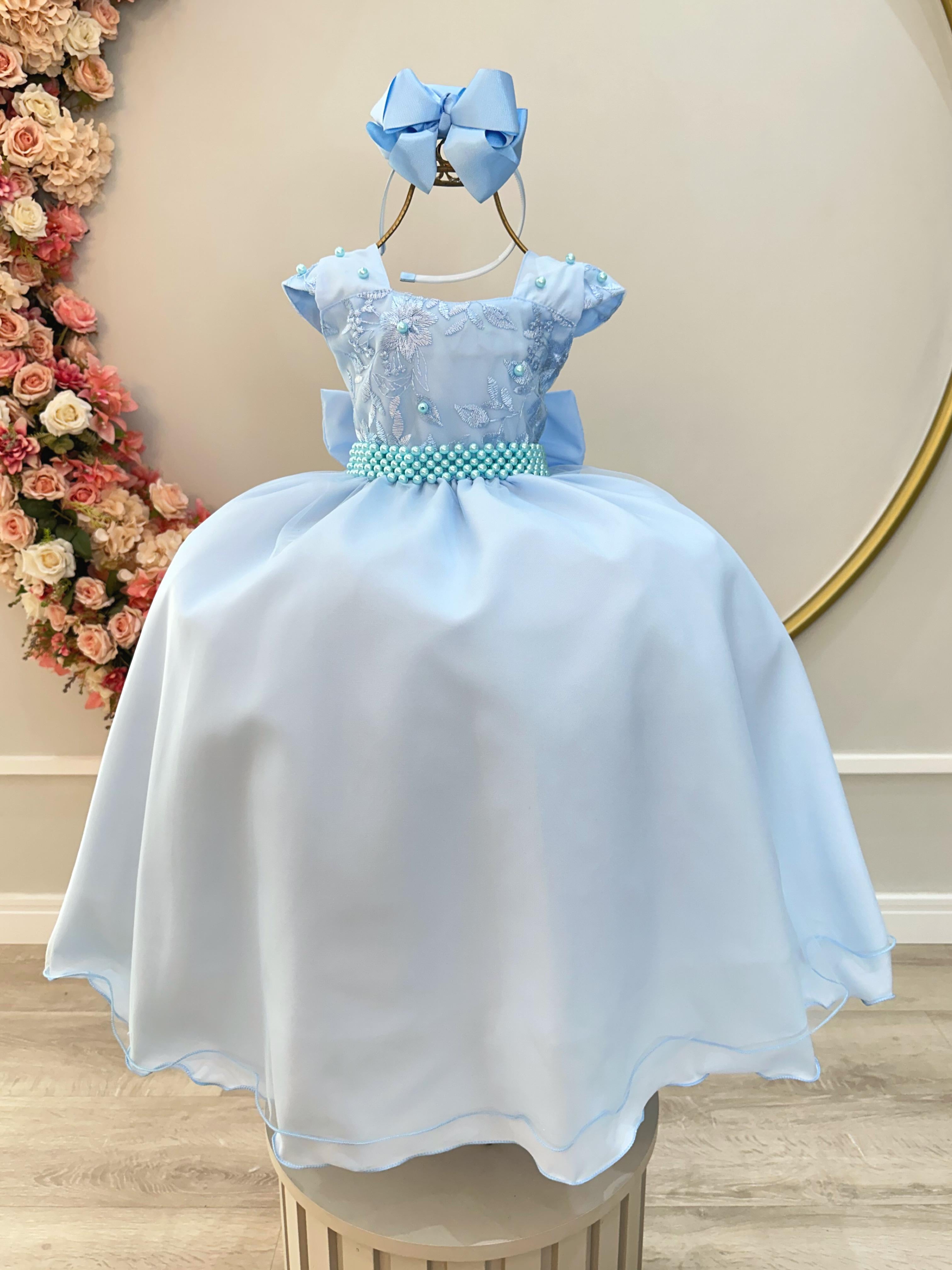 Vestido Infantil Azul Bebê Saia Com Tule e Busto Bordado