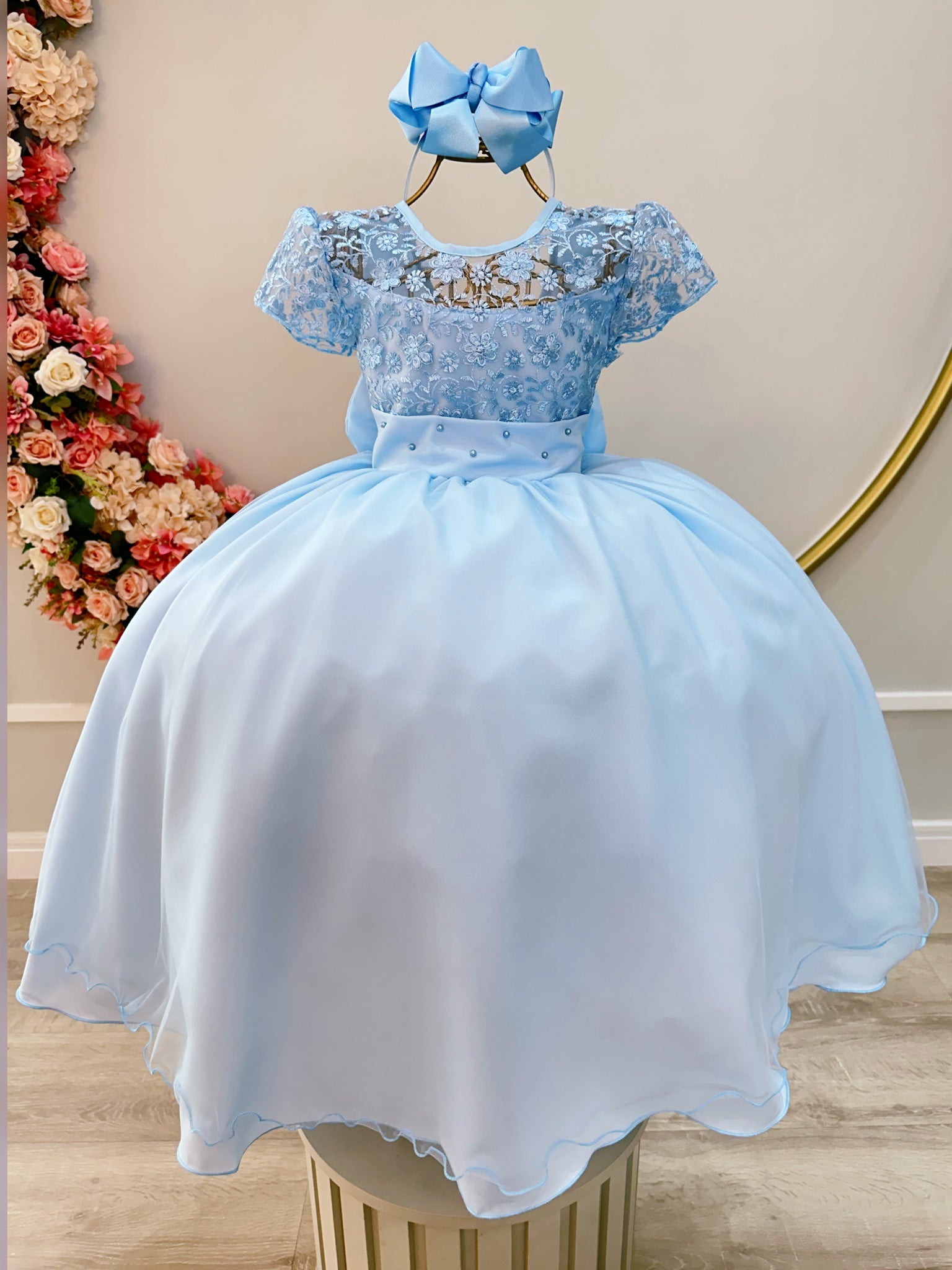 Vestido Infantil Azul Claro Busto C/ Renda Damas Longo Luxo