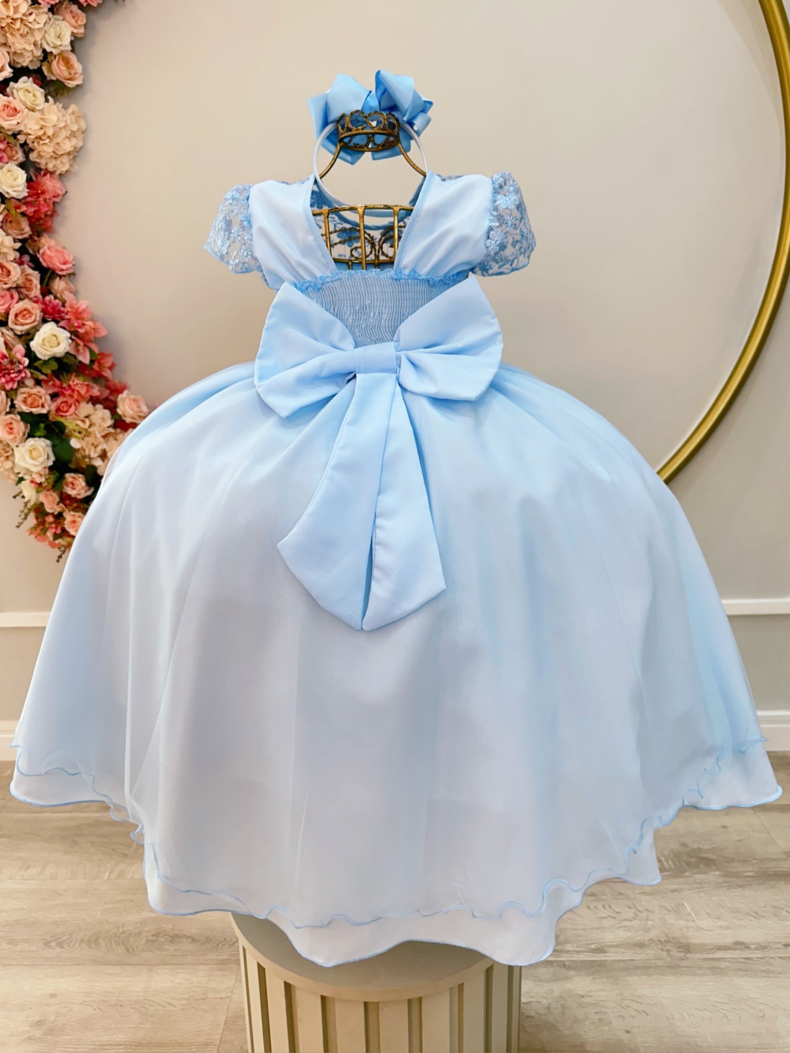 Vestido Infantil Azul Claro Busto C/ Renda Damas Longo Luxo