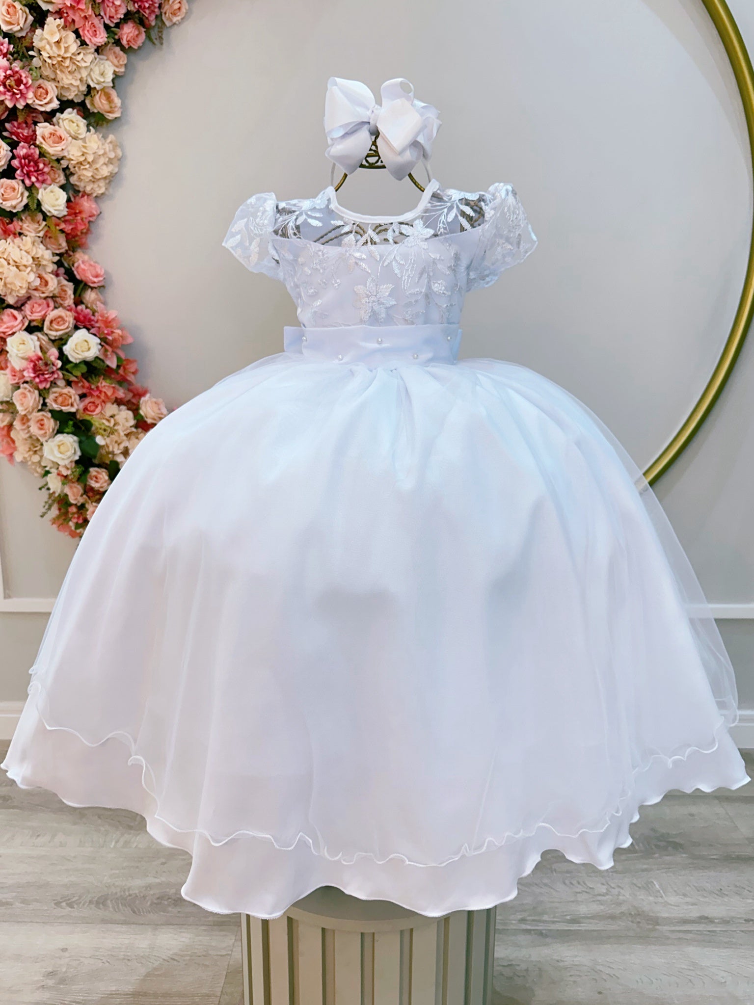 Vestido Infantil Branco Busto C/ Renda Luxo Damas Longo