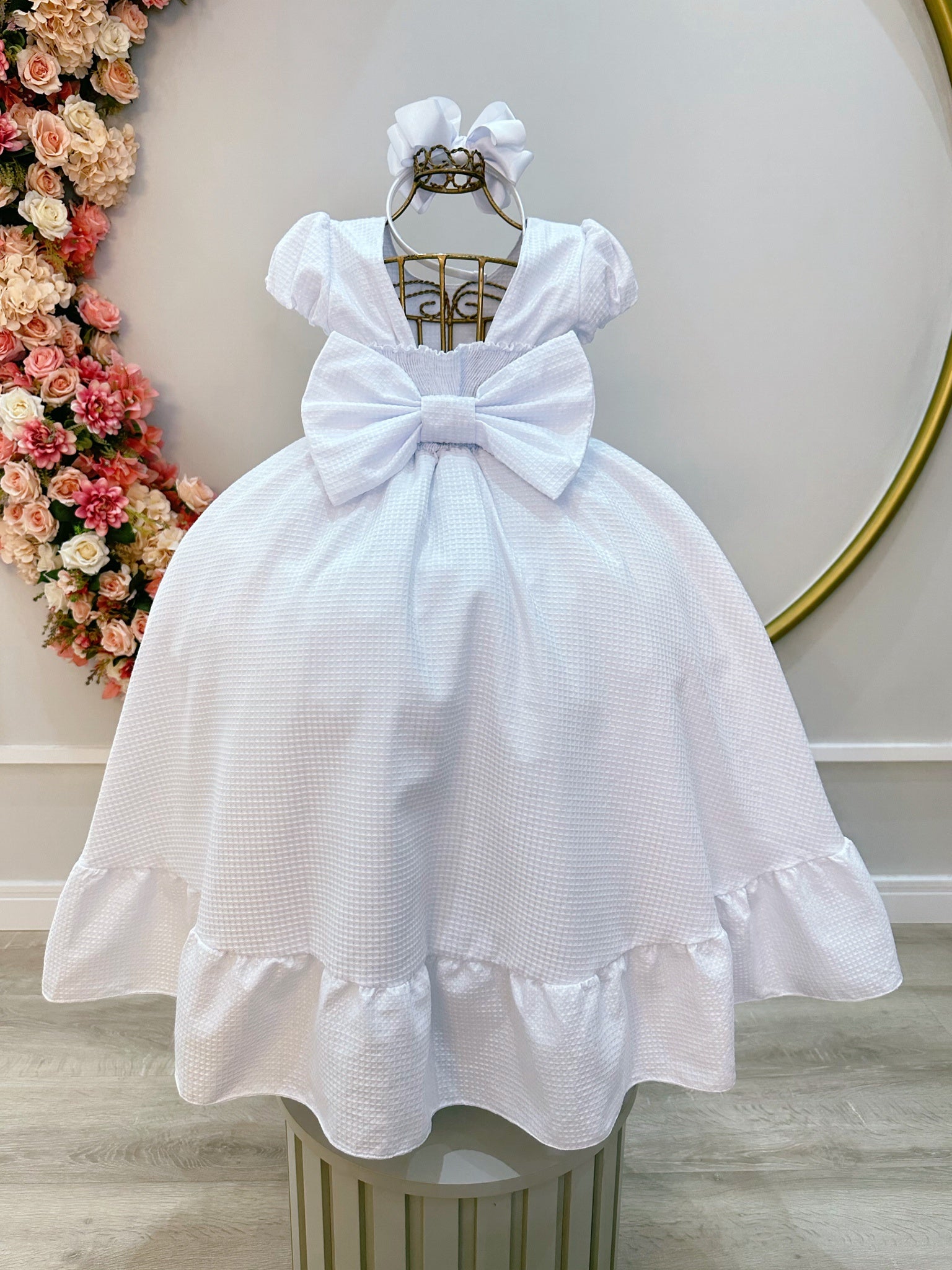 Vestido Infantil Branco Maquinetado Luxo Damas Longo