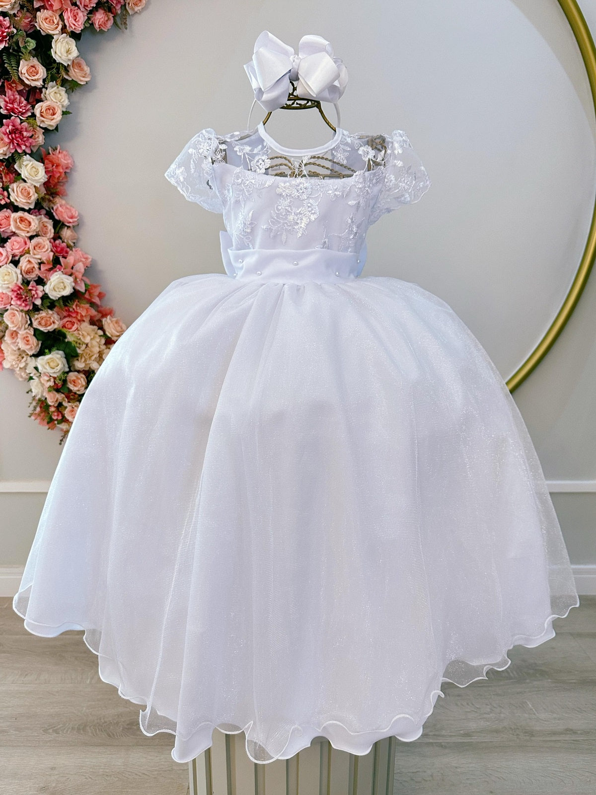Vestido Infantil Longo Branco Busto C/ Renda Luxo Damas