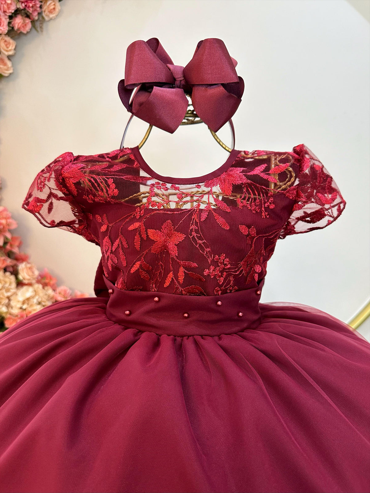 Vestido Infantil Marsala Busto C/ Renda Damas Longo Luxo