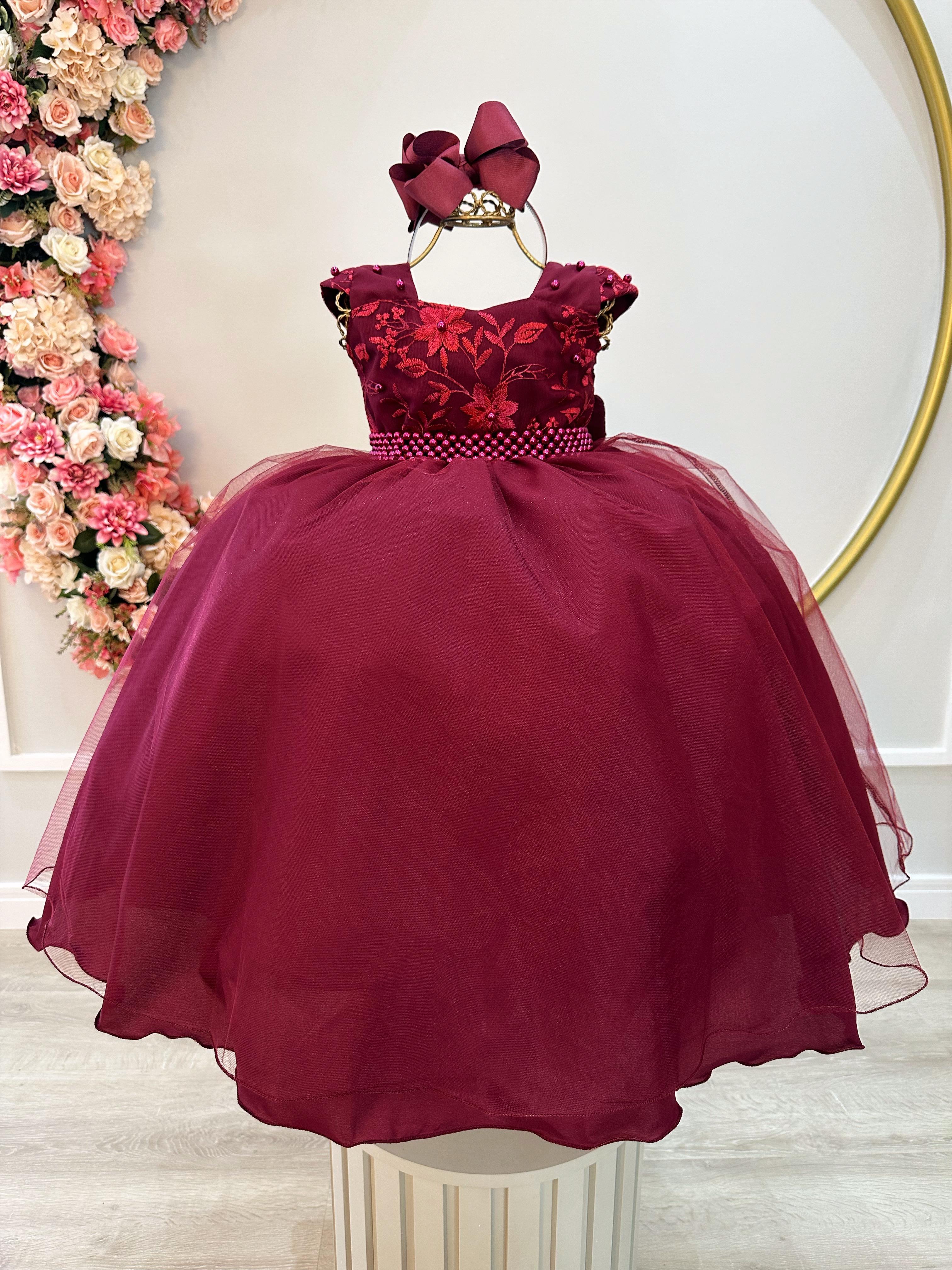 Vestido Infantil Marsala Saia Com Tule e Busto Bordado