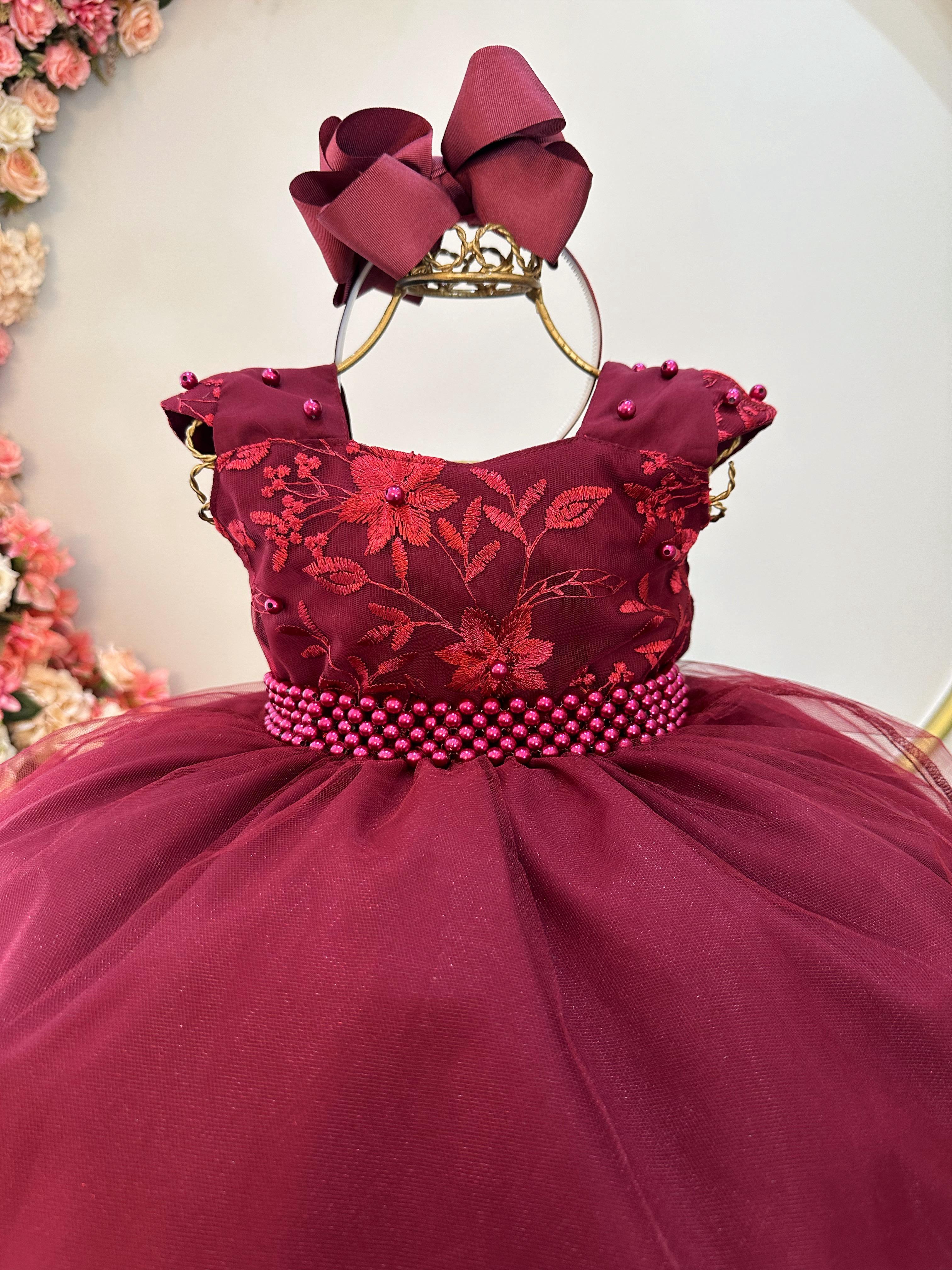 Vestido Infantil Marsala Saia Com Tule e Busto Bordado