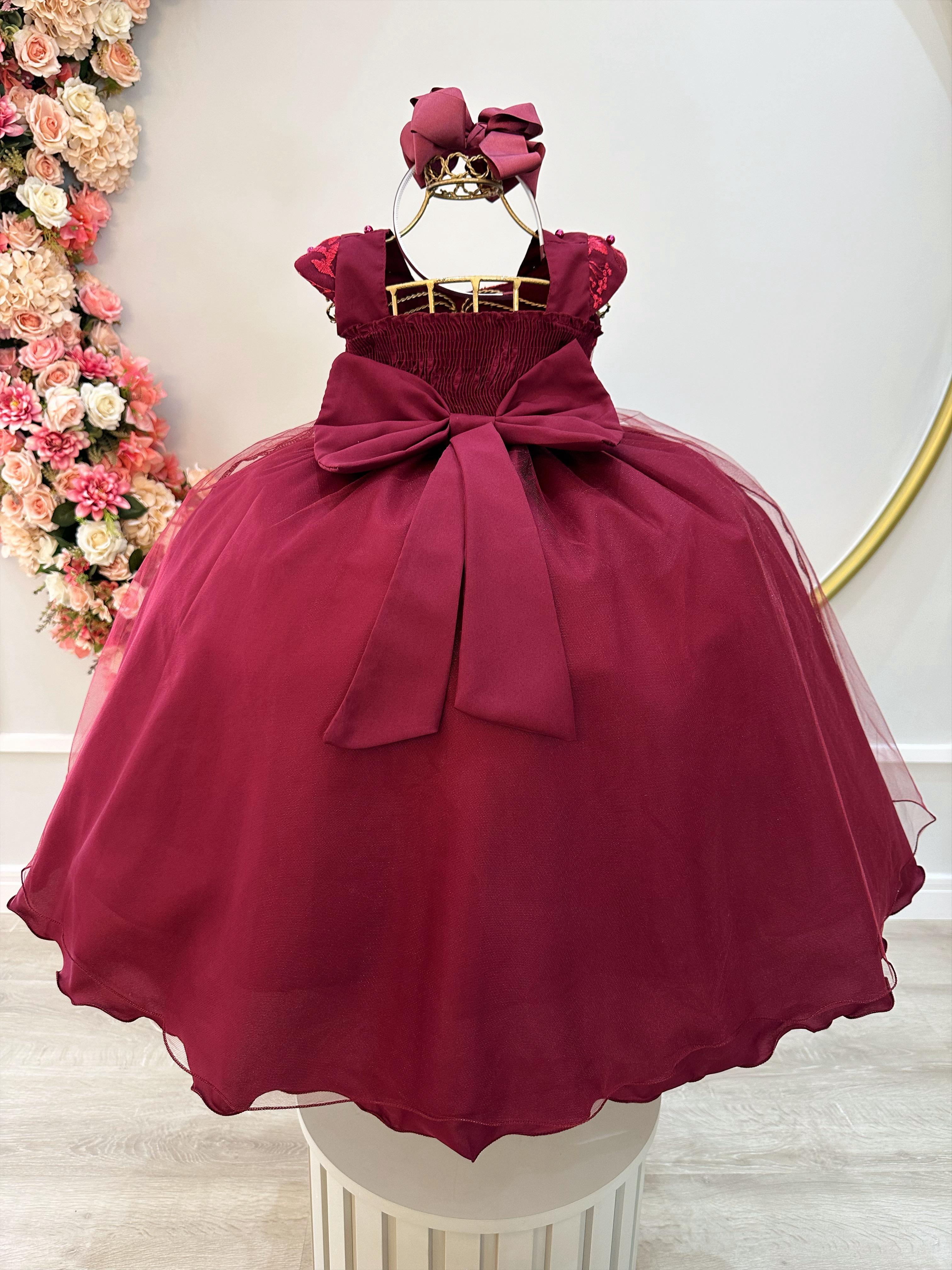 Vestido Infantil Marsala Saia Com Tule e Busto Bordado