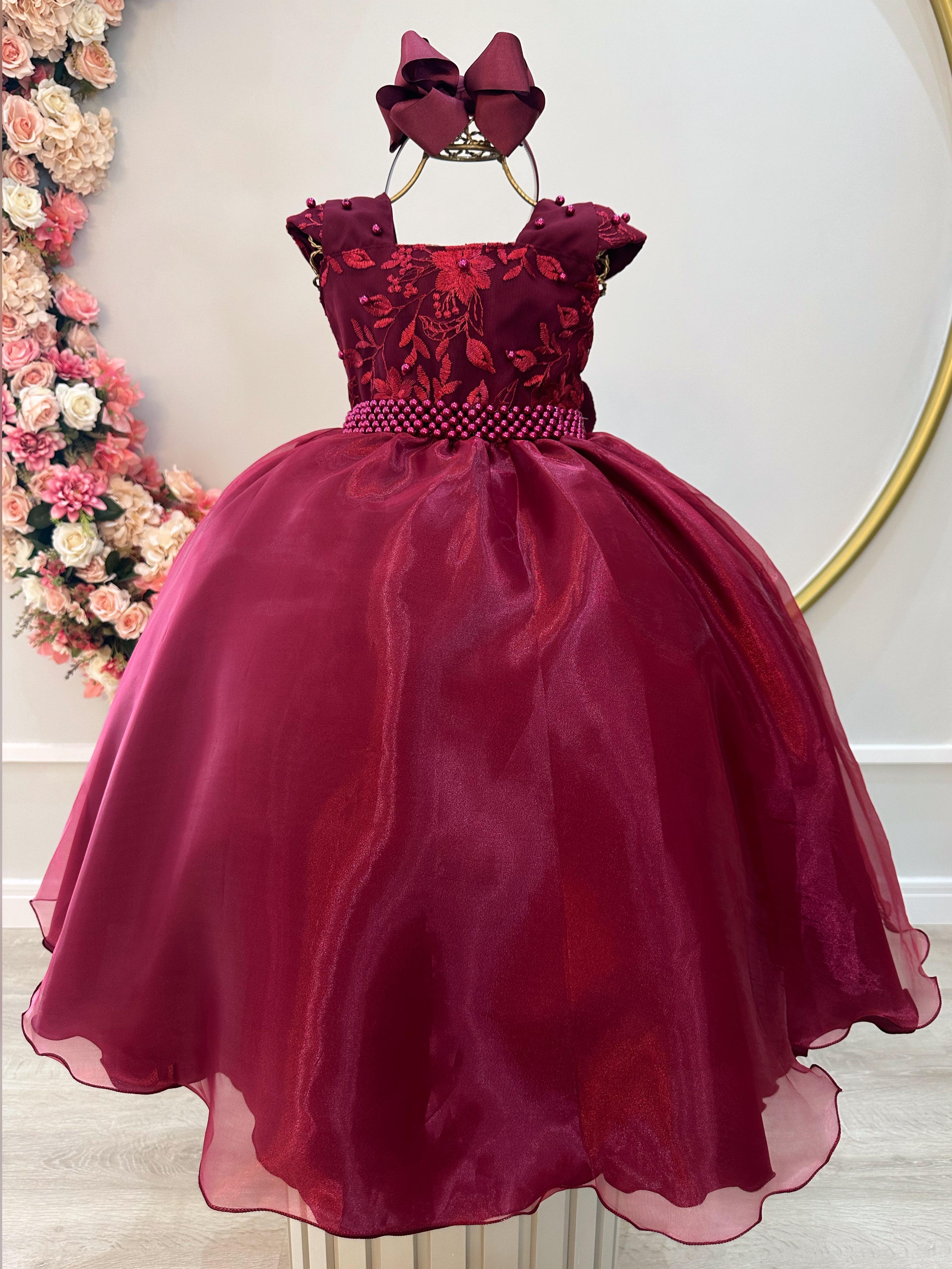 Vestido Infantil Marsala Saia Organza e Busto C/ Bordado