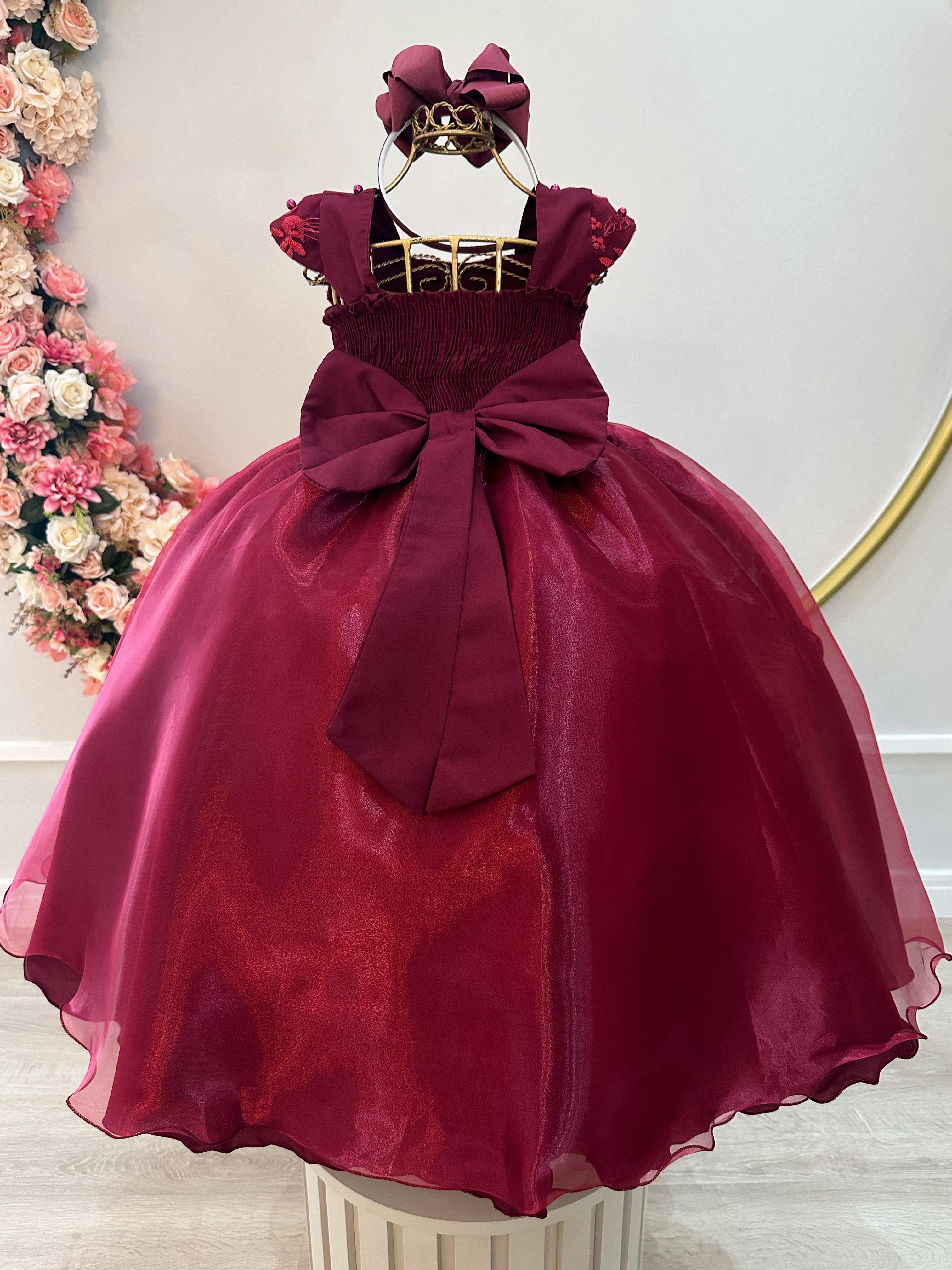 Vestido Infantil Marsala Saia Organza e Busto C/ Bordado