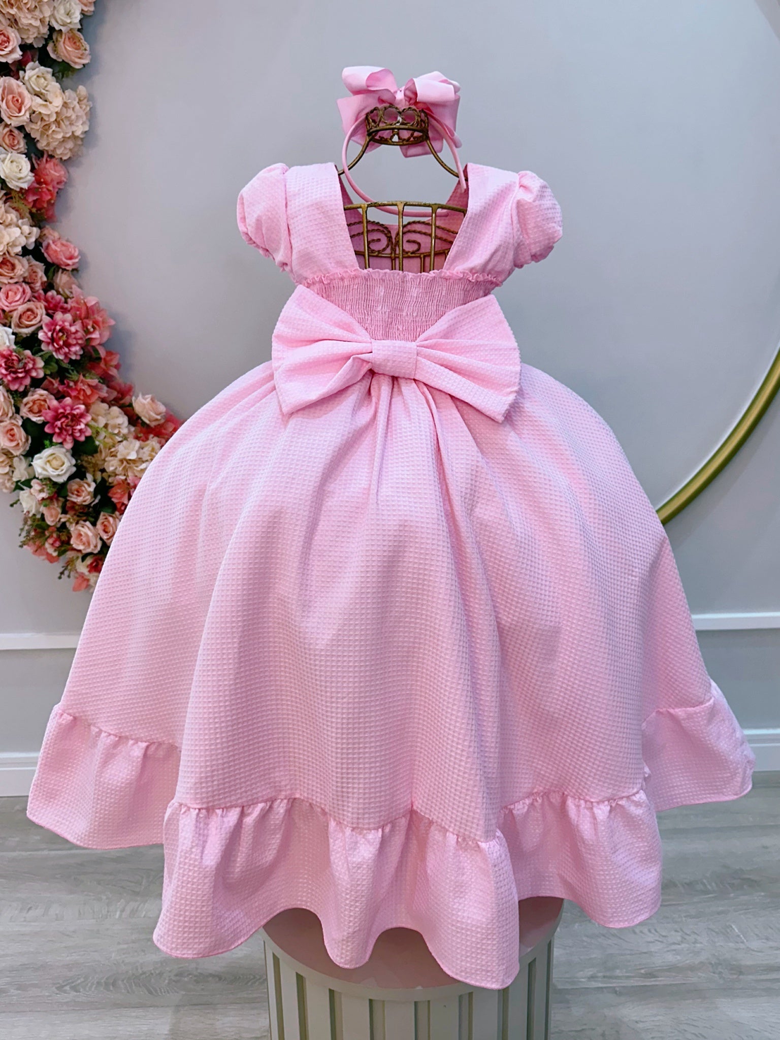 Vestido Infantil Rosa Bebê Maquinetado Luxo Damas Longo