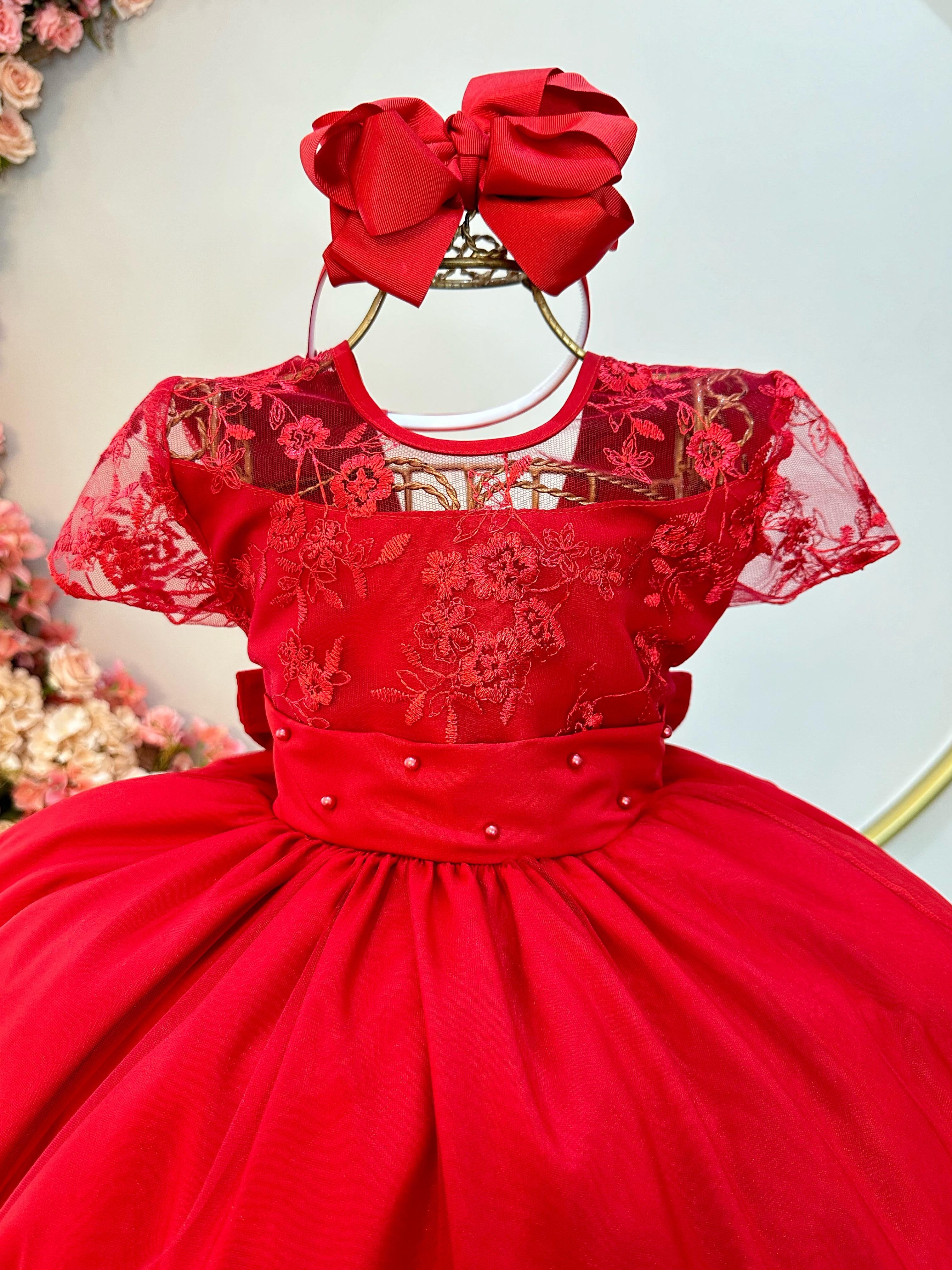 Vestido Infantil Vermelho Busto C/ Renda Damas Longo Luxo