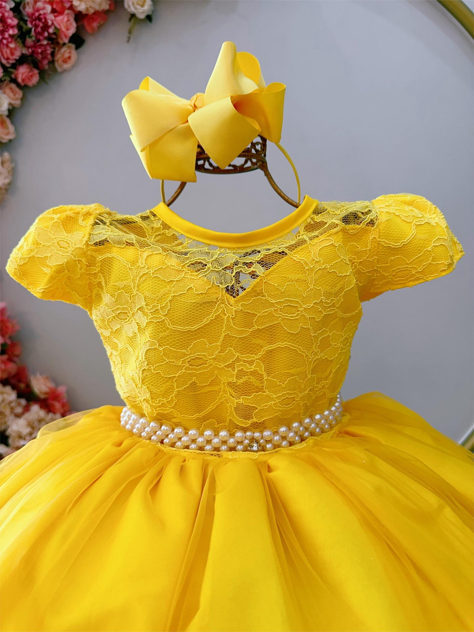 Vestido Infantil Amarelo Damas Honra Casamento Pérolas Renda