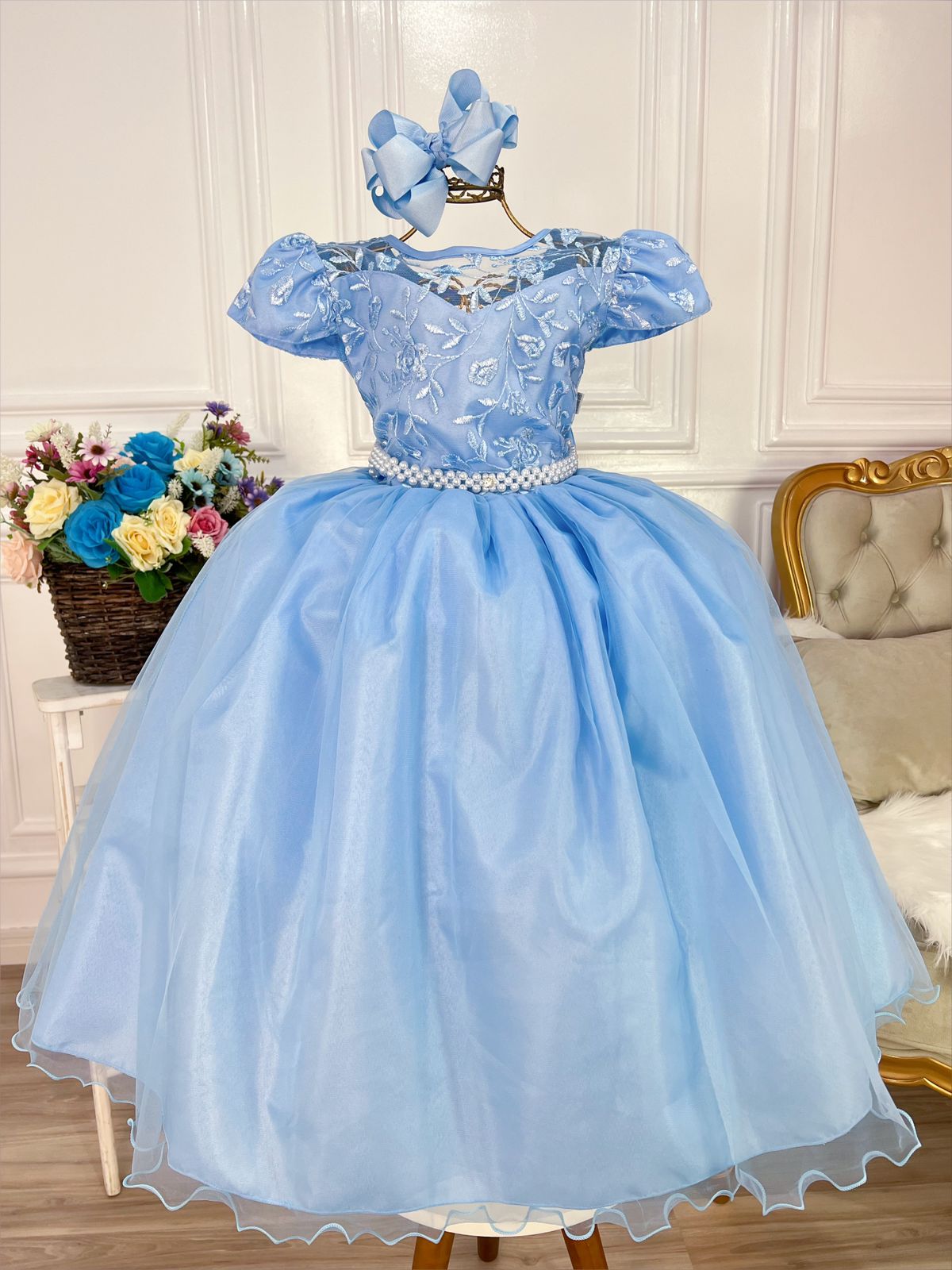 Vestido Infantil Azul Dama Honra Casamento Renda e Pérolas