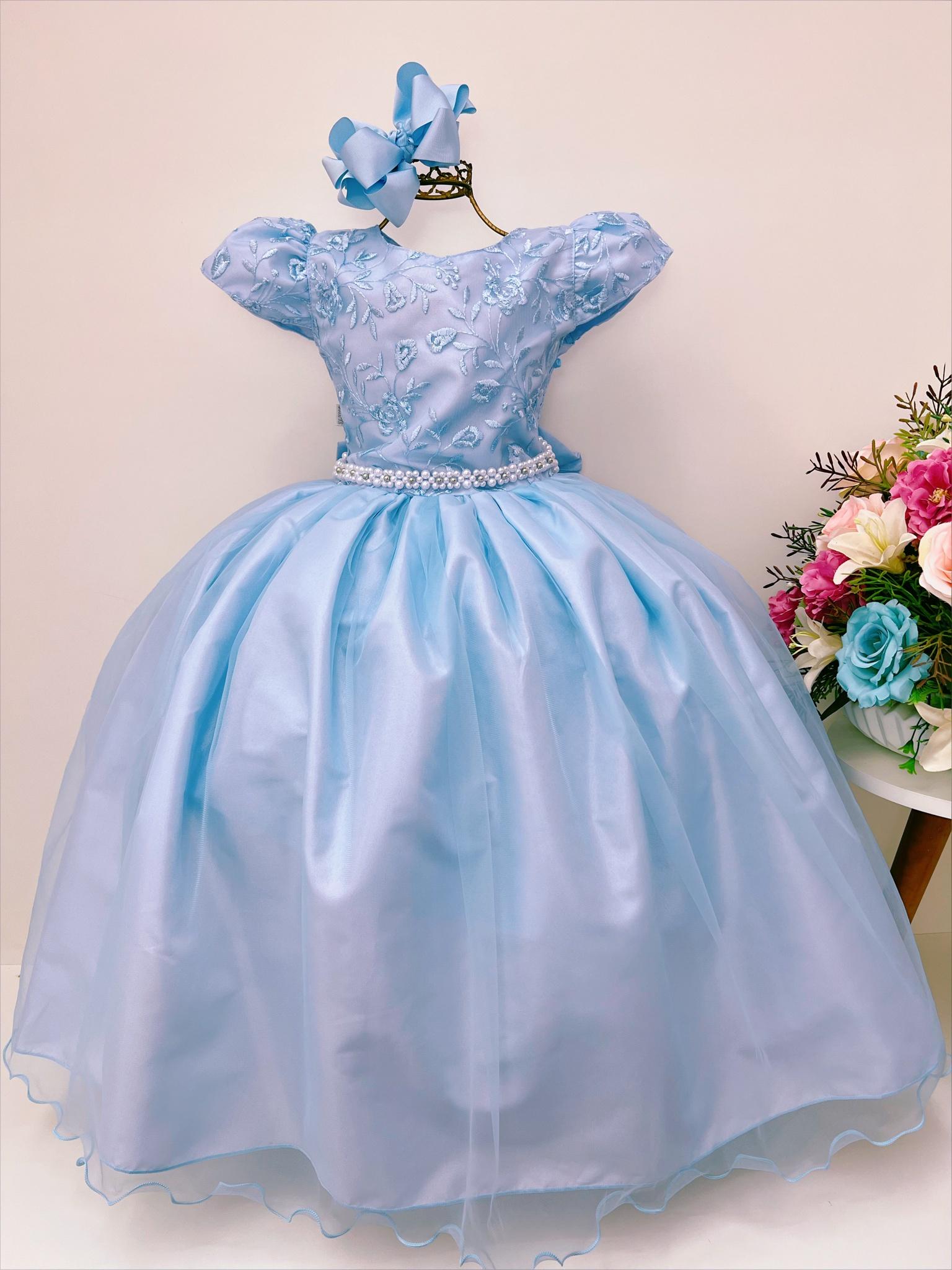 Vestido Infantil Azul Renda Damas Honra Casamentos Pérola