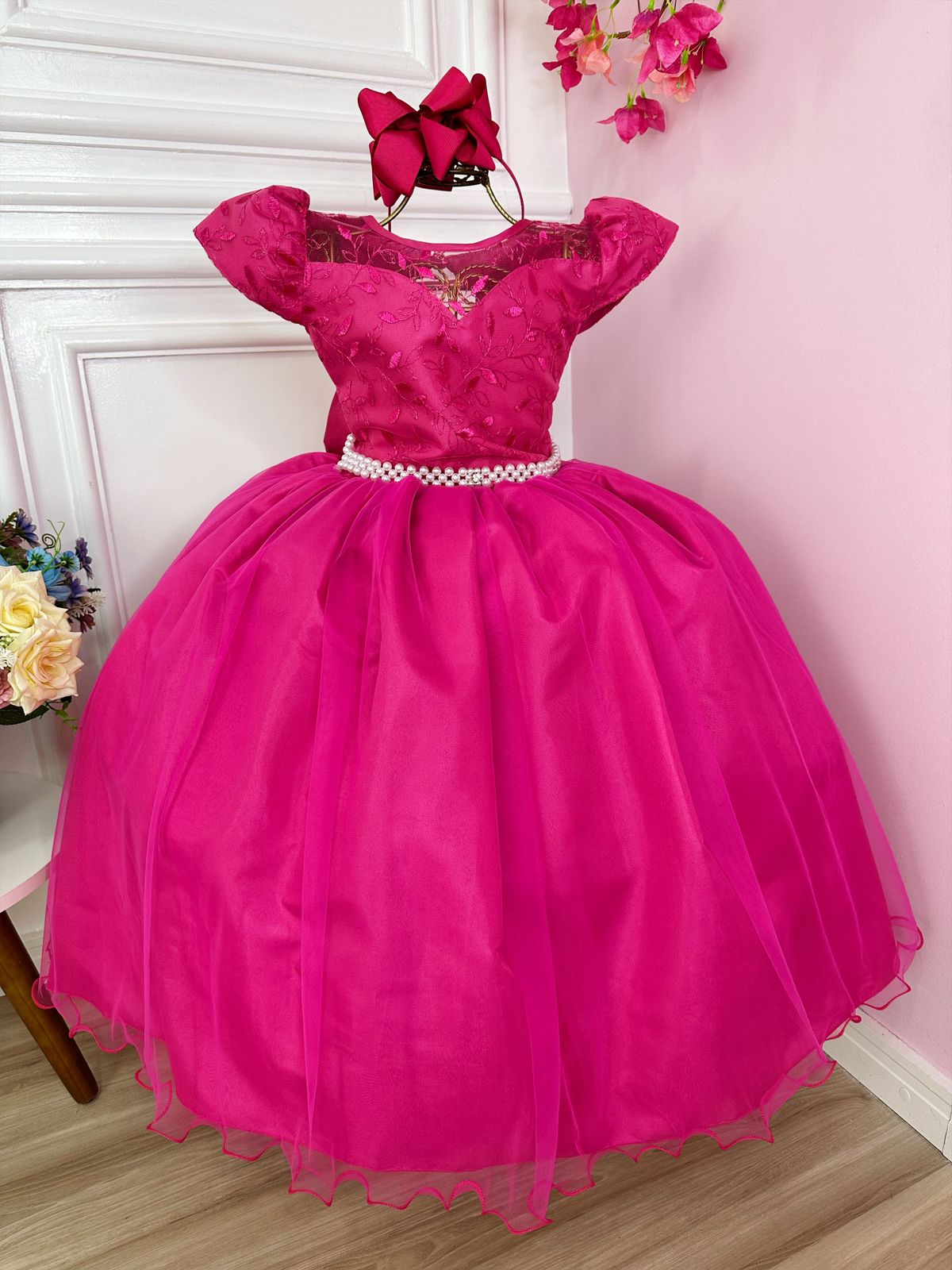 Vestido Infantil Casamento Dama Honra Pink C/ Renda Realeza