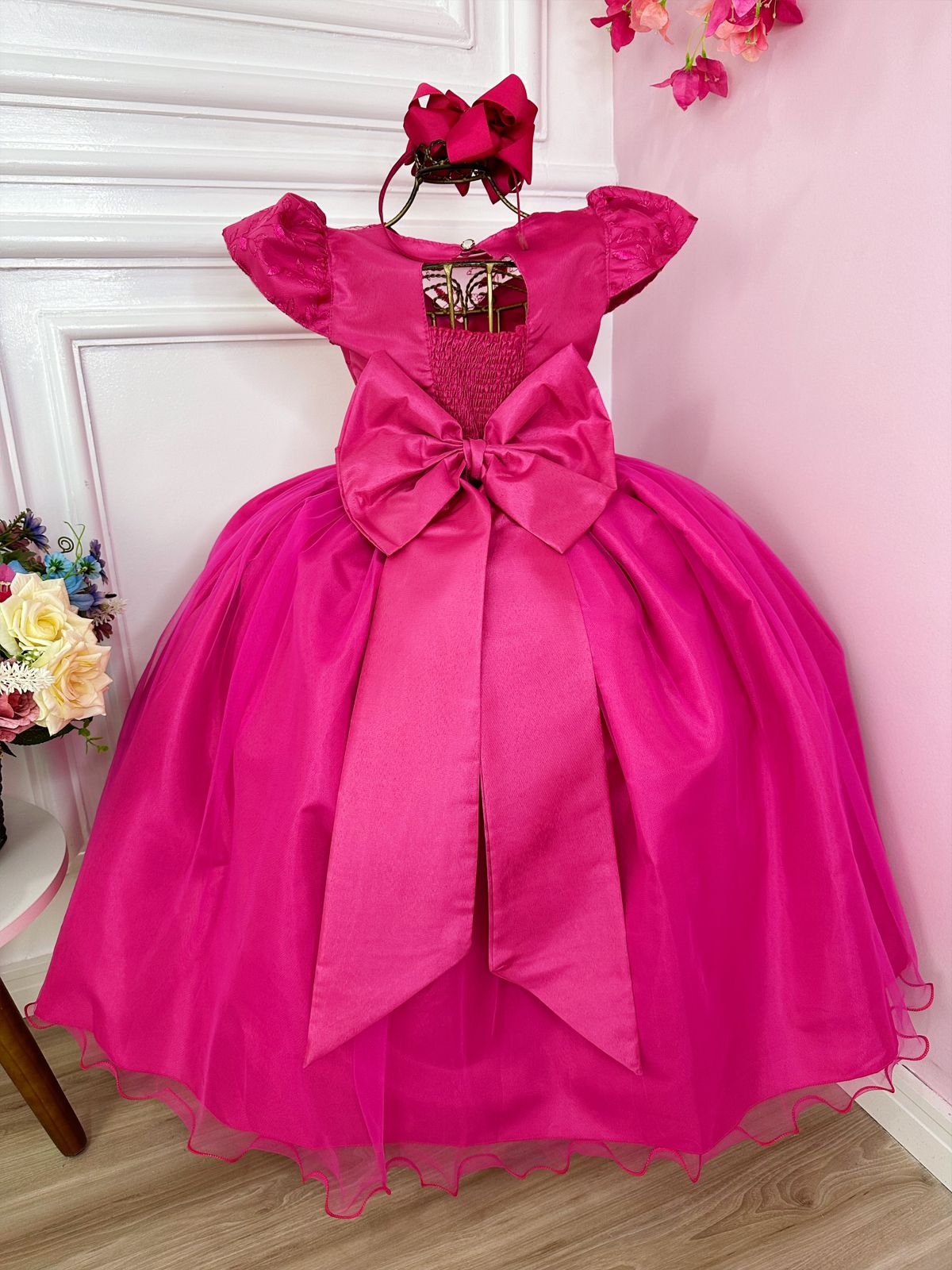 Vestido Infantil Casamento Dama Honra Pink C/ Renda Realeza