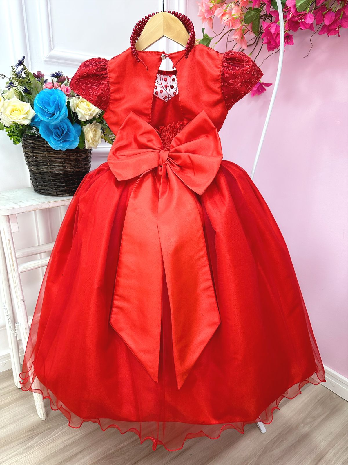 Vestido Infantil Damas Honra Casamento Vermelho Renda Pérola