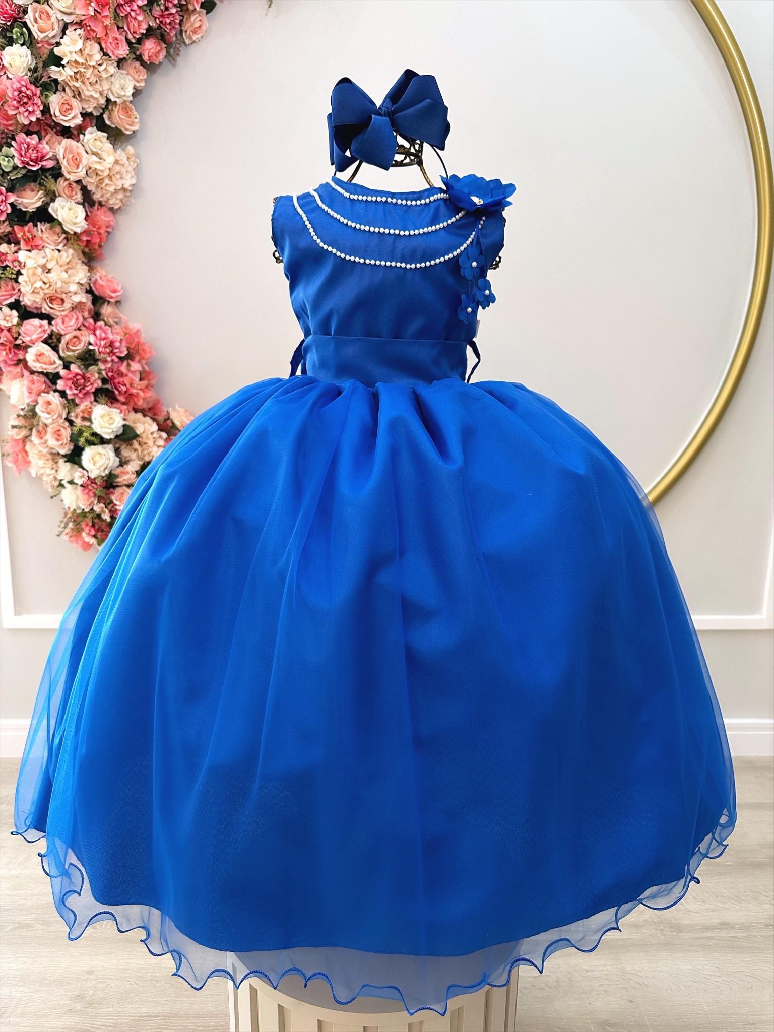 Vestido Infantil Azul Royal Damas Honra Casamentos C/ Broche