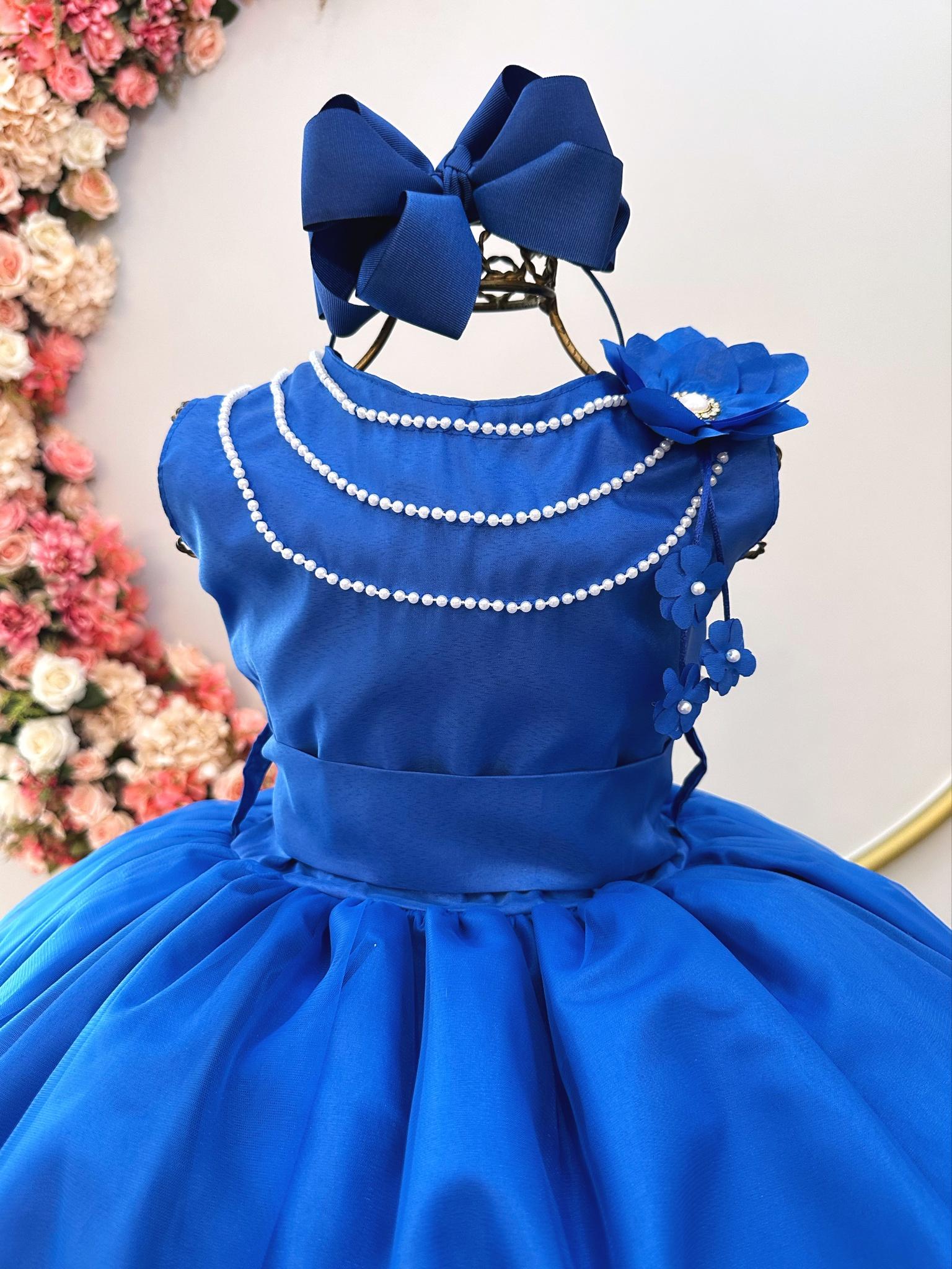 Vestido Infantil Azul Royal Damas Honra Casamentos C/ Broche