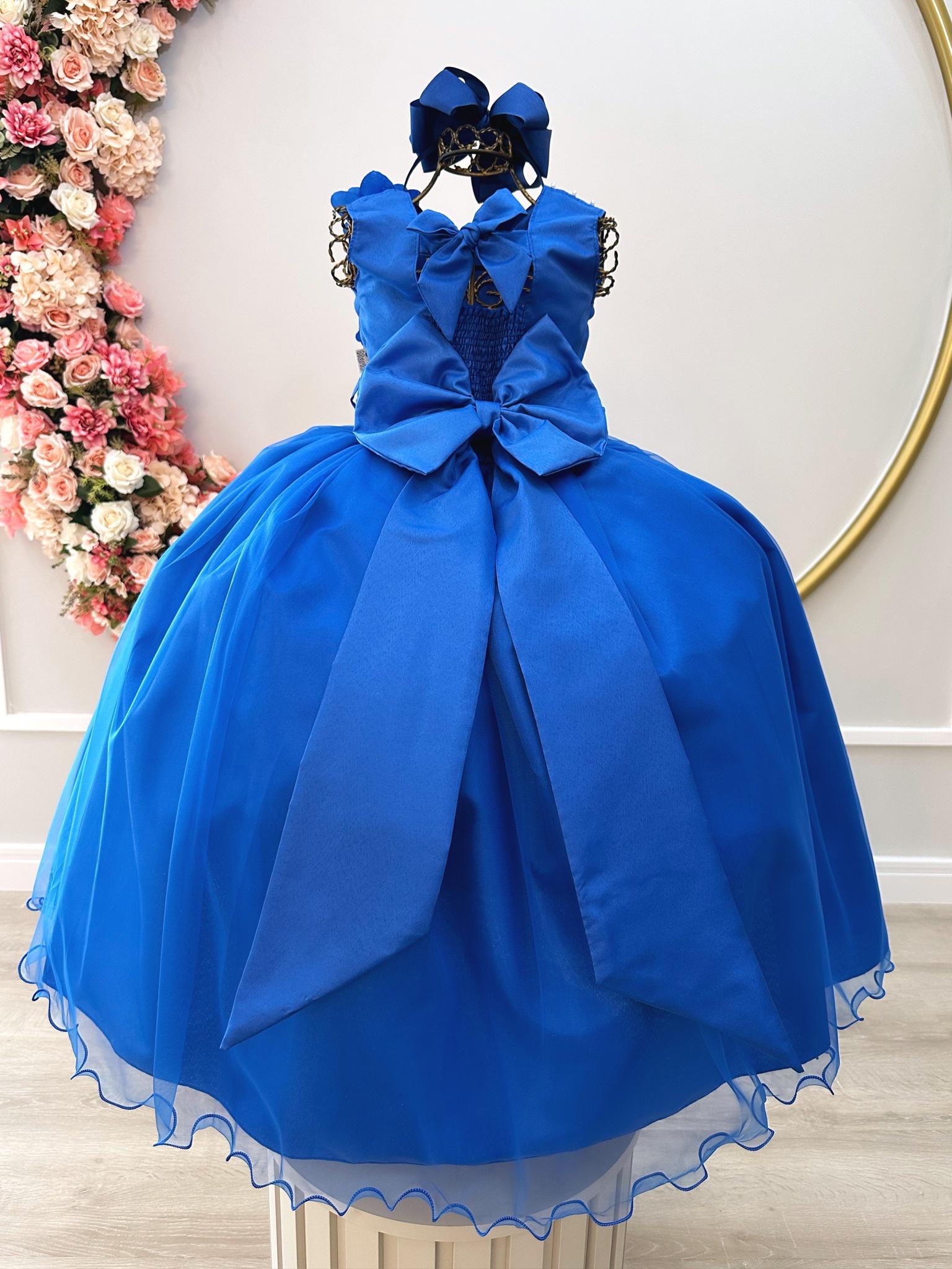 Vestido Infantil Azul Royal Damas Honra Casamentos C/ Broche