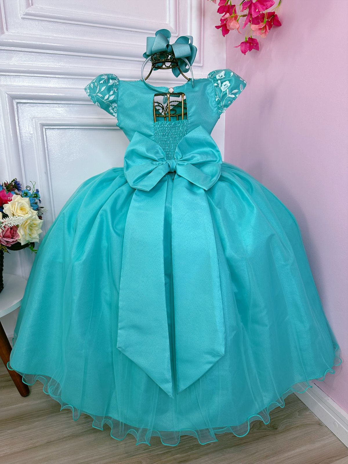 Vestido Infantil Casamento Dama Honra Verde C/ Renda Realeza