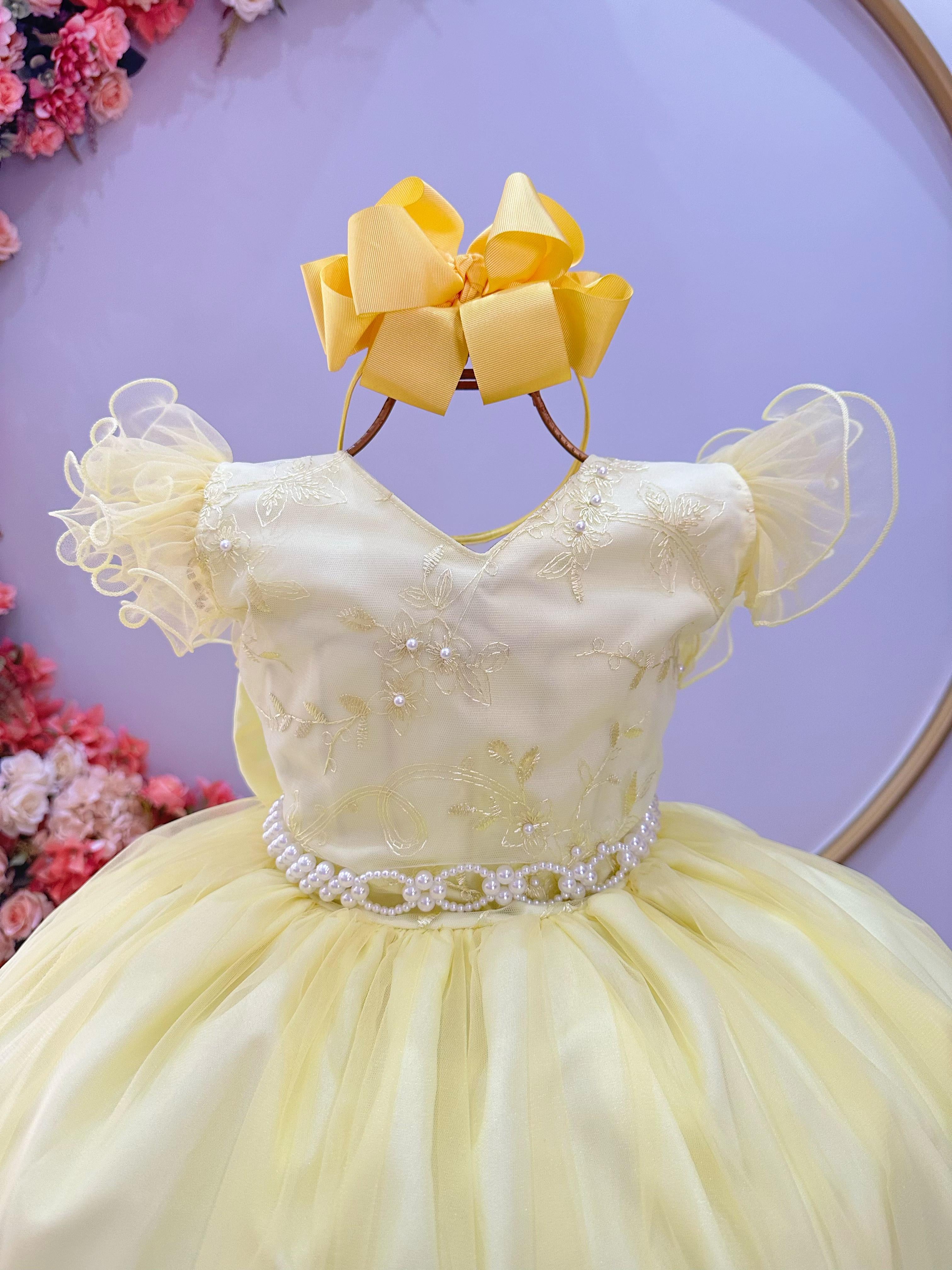 Vestido Infantil Longo Amarelo C/ Apliques e Renda Damas