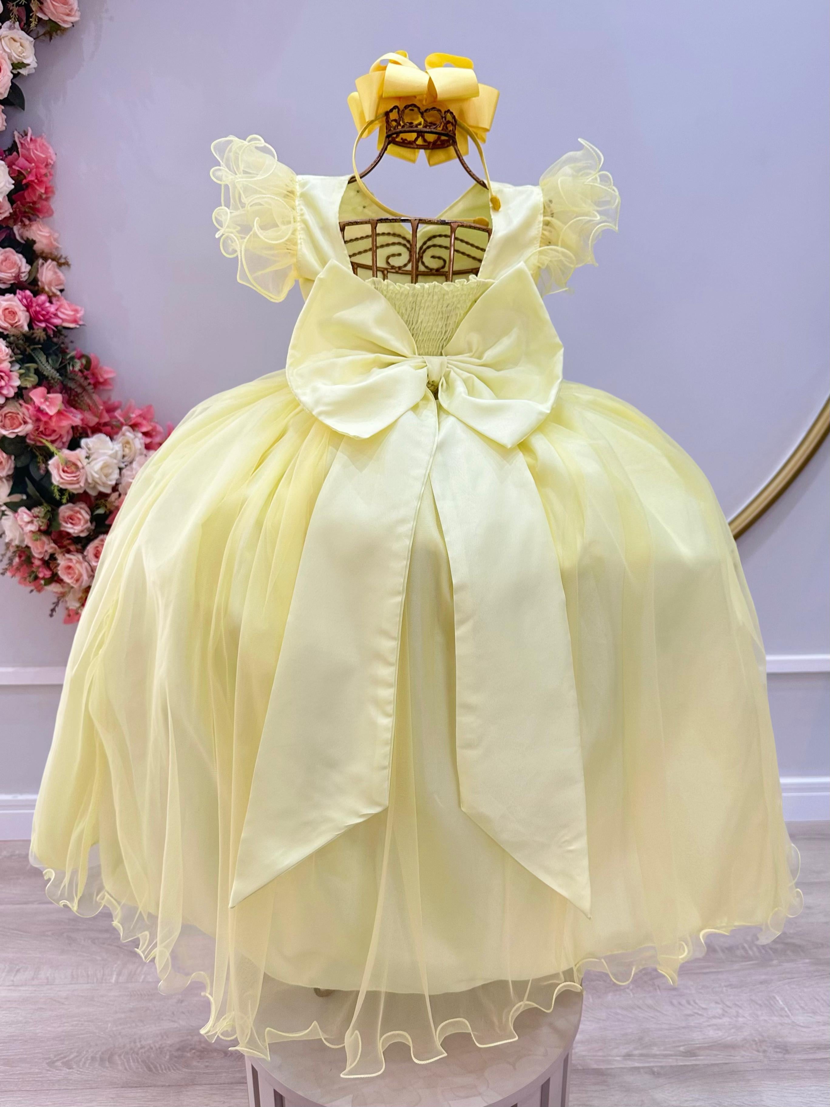 Vestido Infantil Longo Amarelo C/ Apliques e Renda Damas