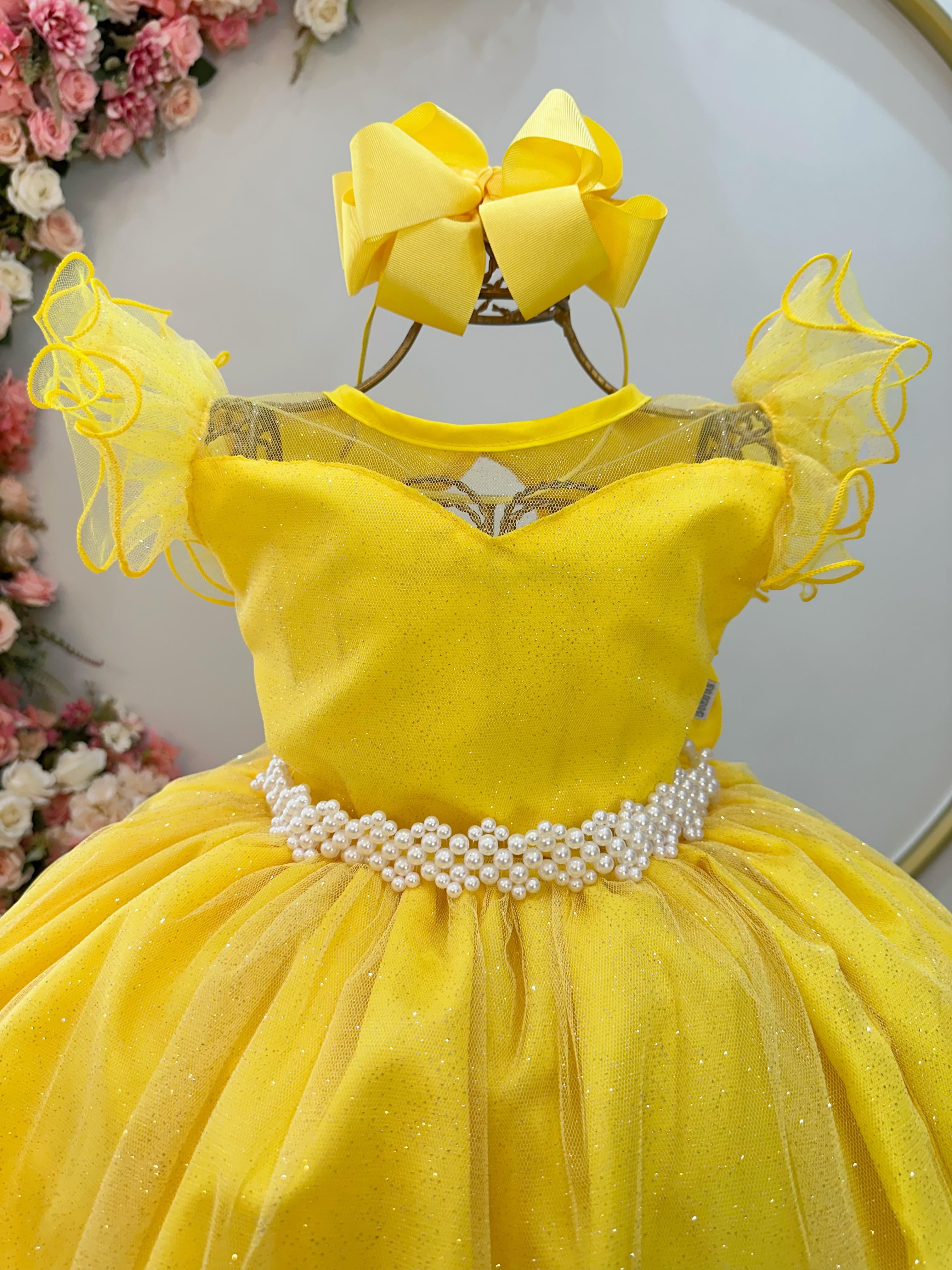 Vestido Infantil Longo Amarelo Daminhas de Honra C/ Glitter