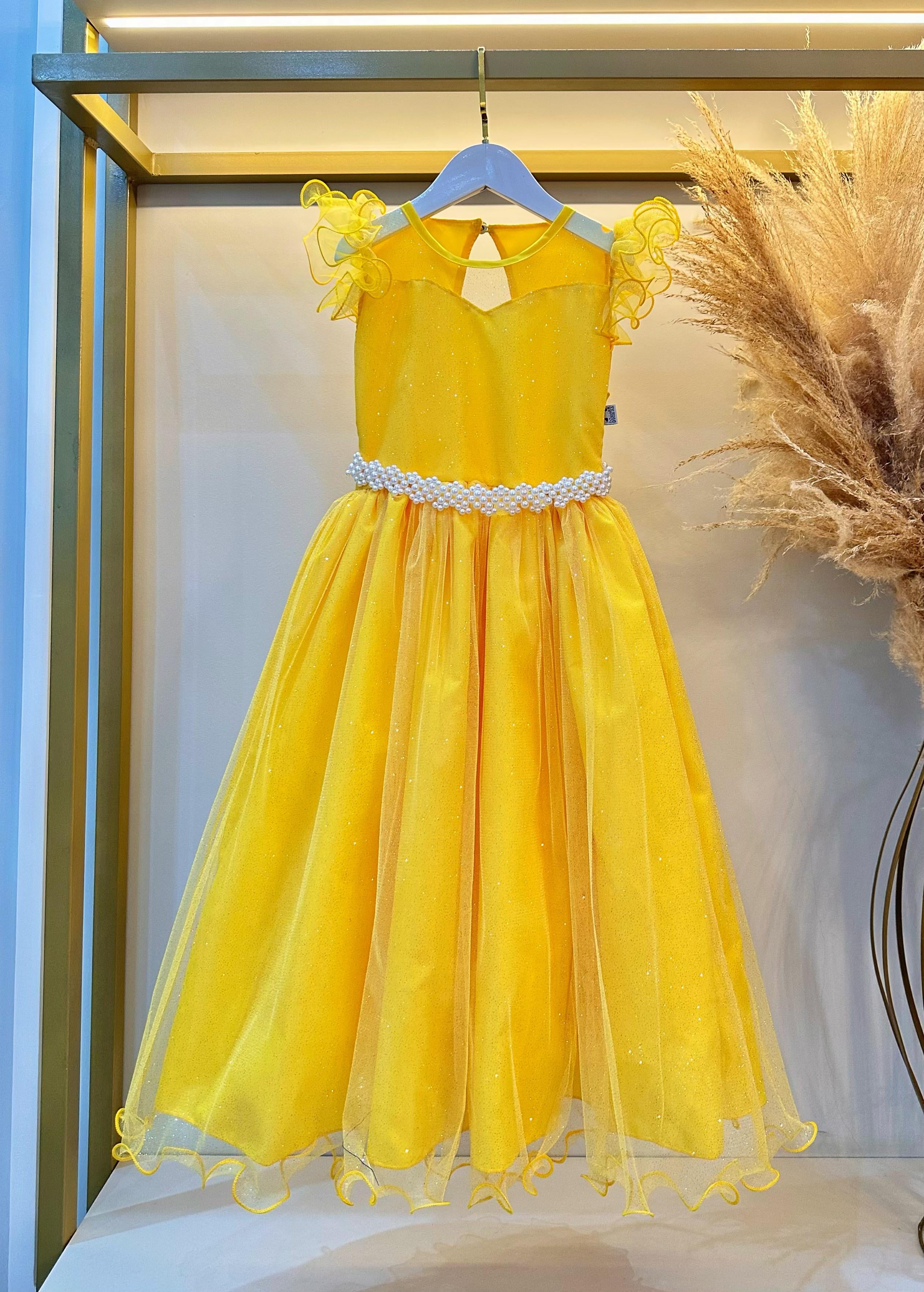 Vestido Infantil Longo Amarelo Daminhas de Honra C/ Glitter