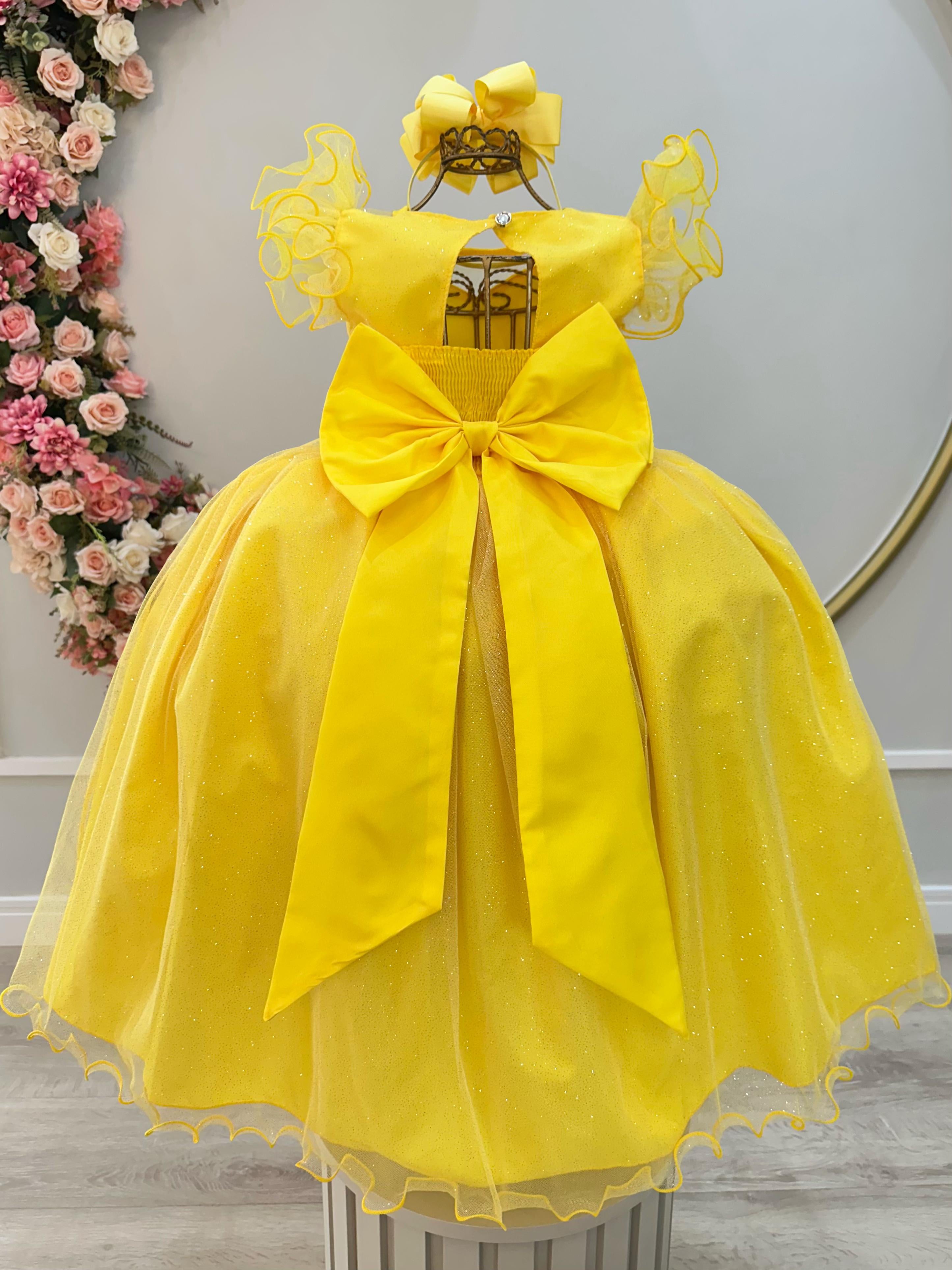 Vestido Infantil Longo Amarelo Daminhas de Honra C/ Glitter
