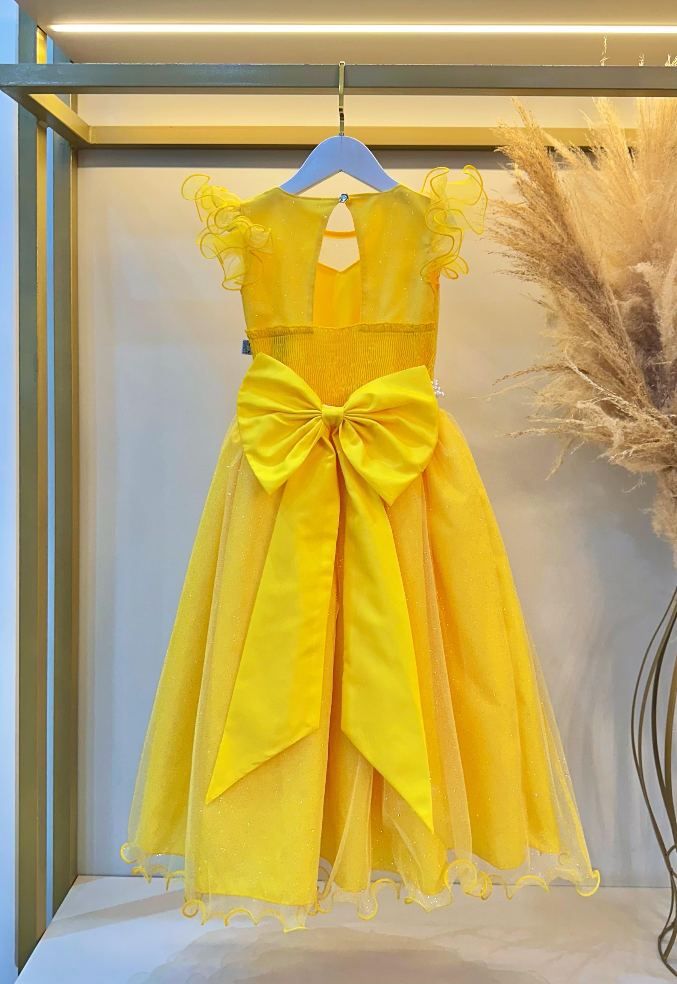 Vestido Infantil Longo Amarelo Daminhas de Honra C/ Glitter