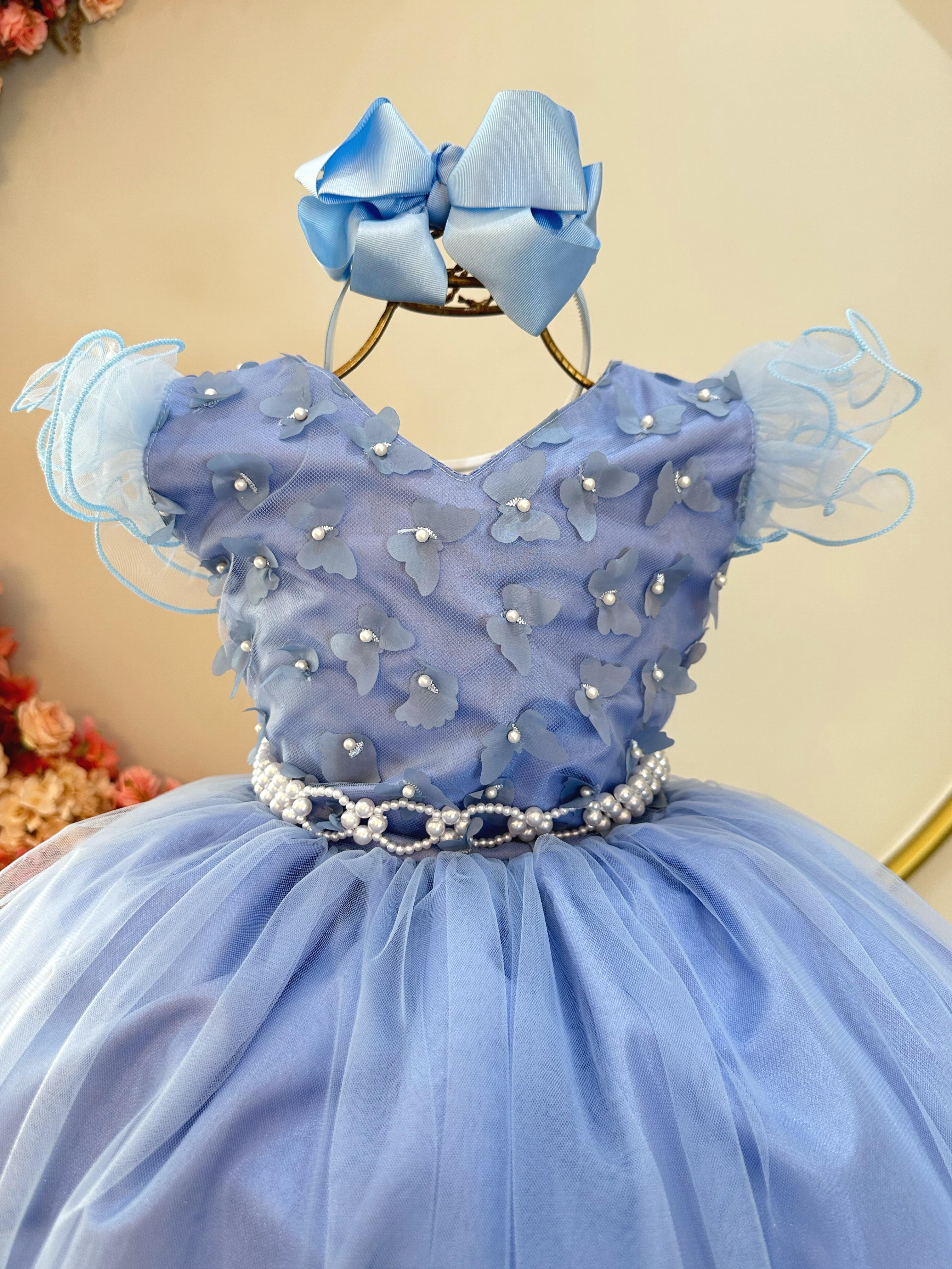 Vestido Infantil Longo Azul C/ Apliques Luxo Daminas Festas