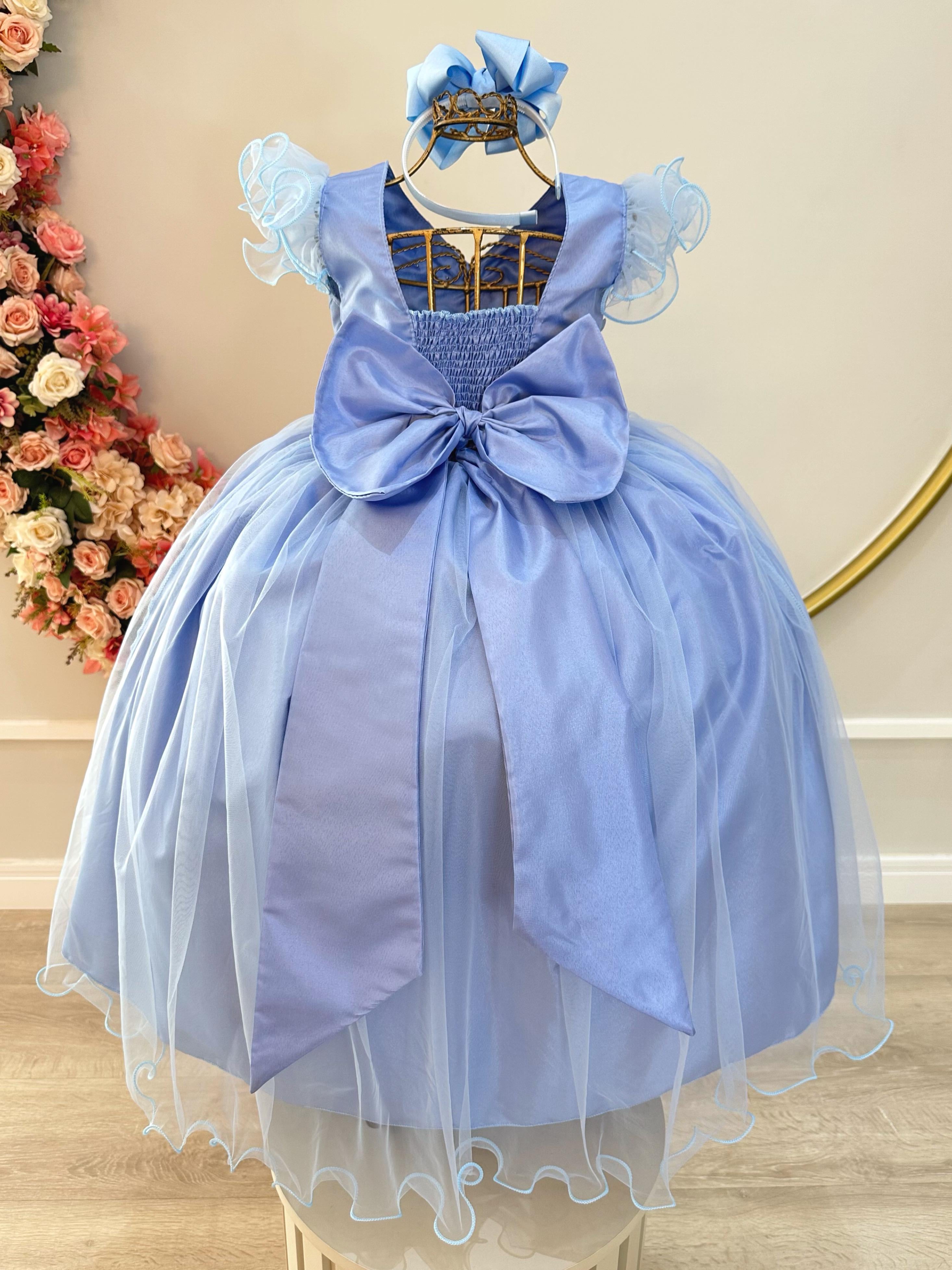Vestido Infantil Longo Azul C/ Apliques Luxo Daminas Festas