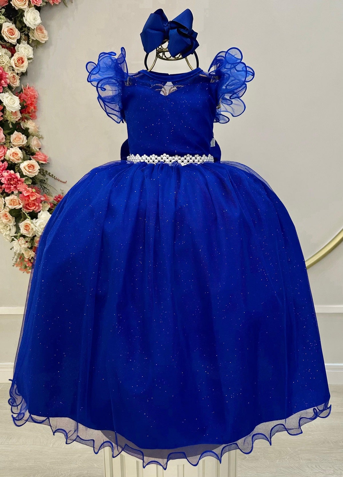 Vestido Infantil Longo Azul Royal Daminhas C/ Glitter Festas