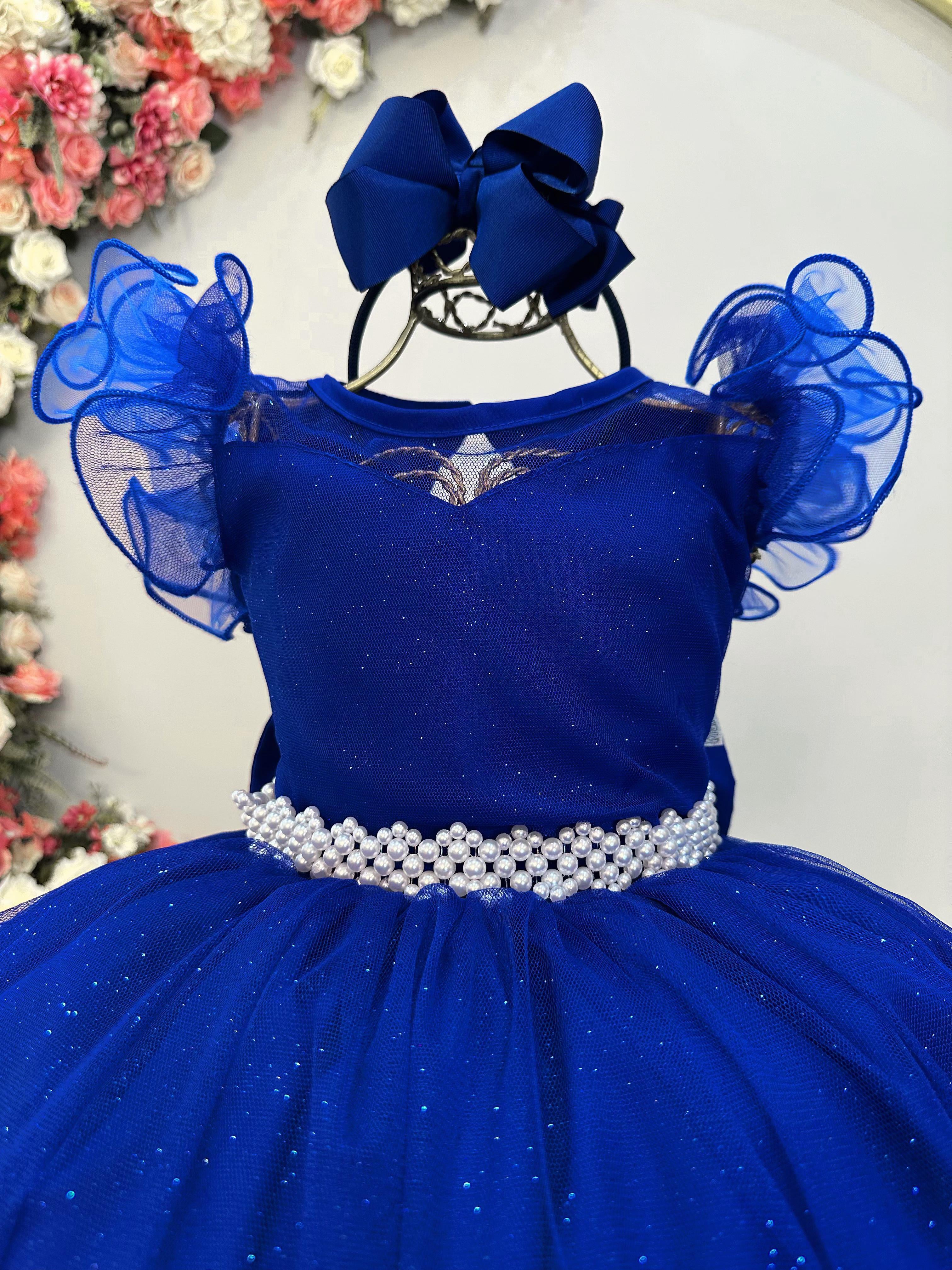 Vestido Infantil Longo Azul Royal Daminhas C/ Glitter Festas