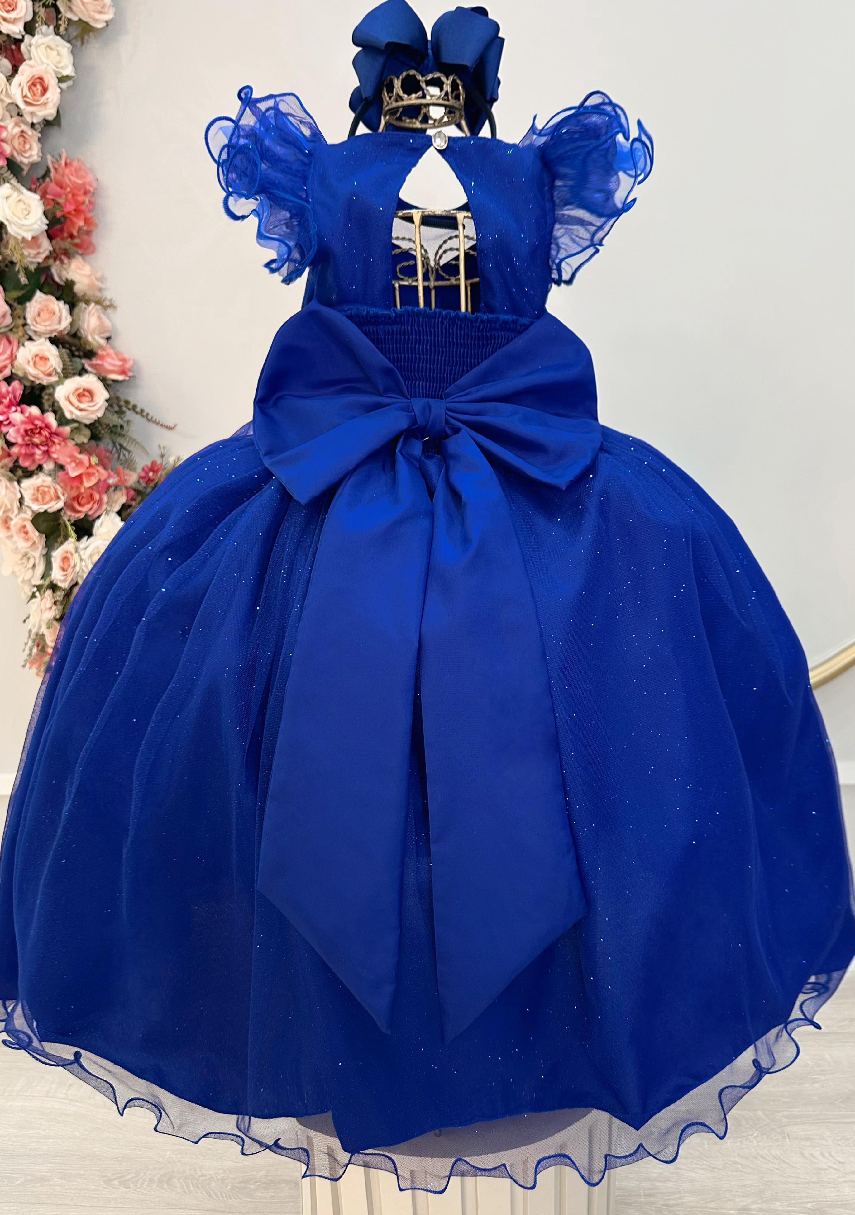 Vestido Infantil Longo Azul Royal Daminhas C/ Glitter Festas
