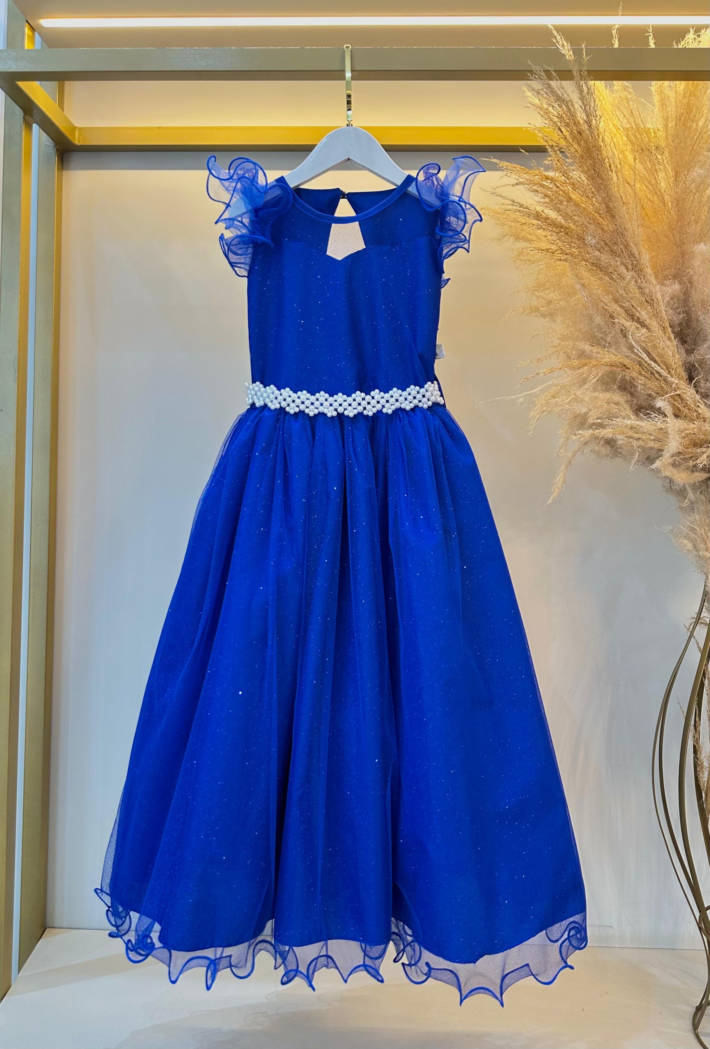Vestido Infantil Longo Azul Royal Daminhas C/ Glitter Festas