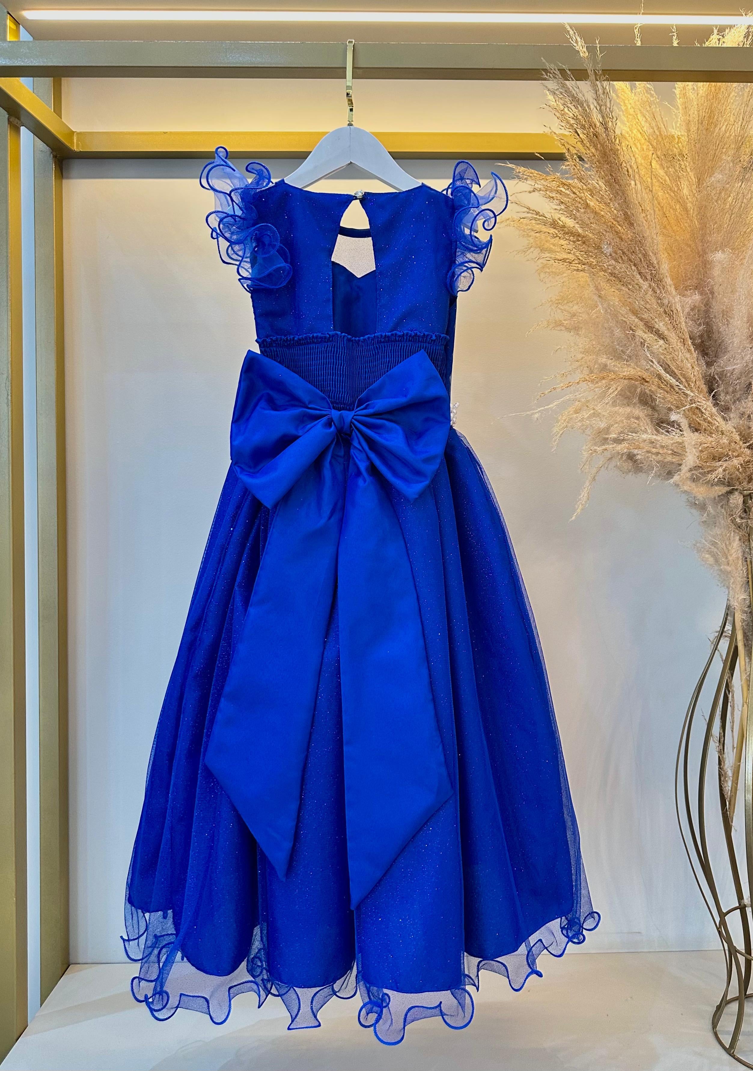 Vestido Infantil Longo Azul Royal Daminhas C/ Glitter Festas