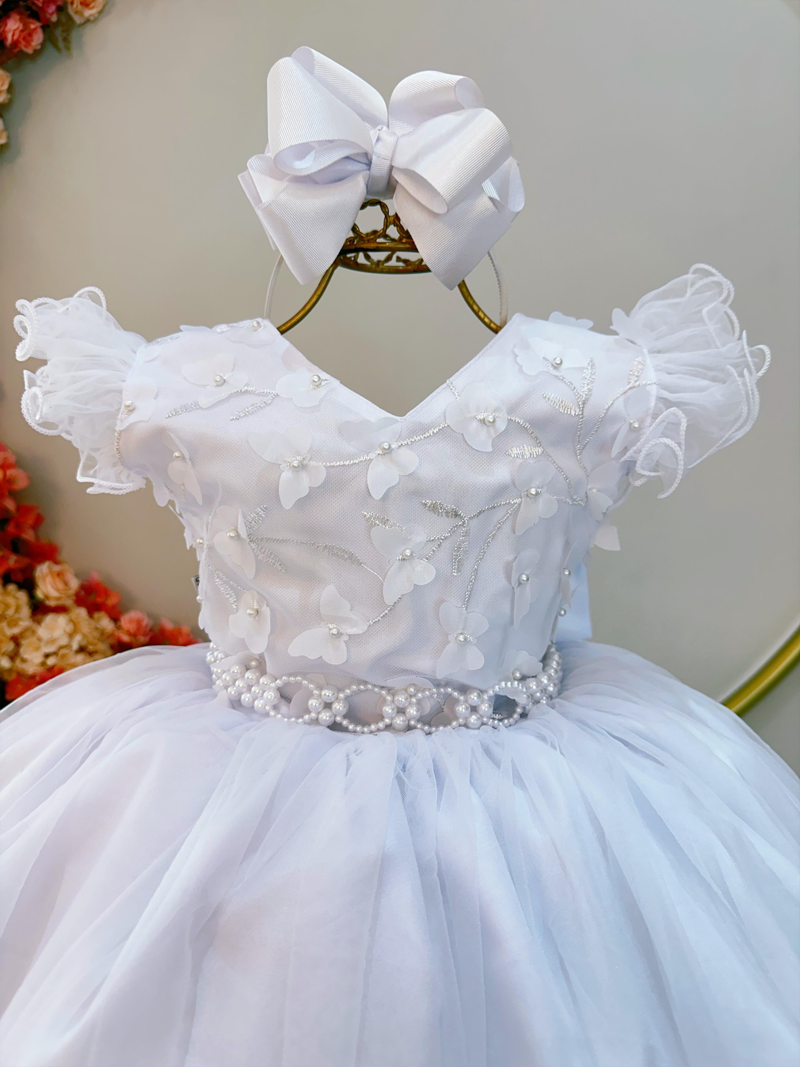 Vestido Infantil Longo Branco Com Apliques Daminhas Festas