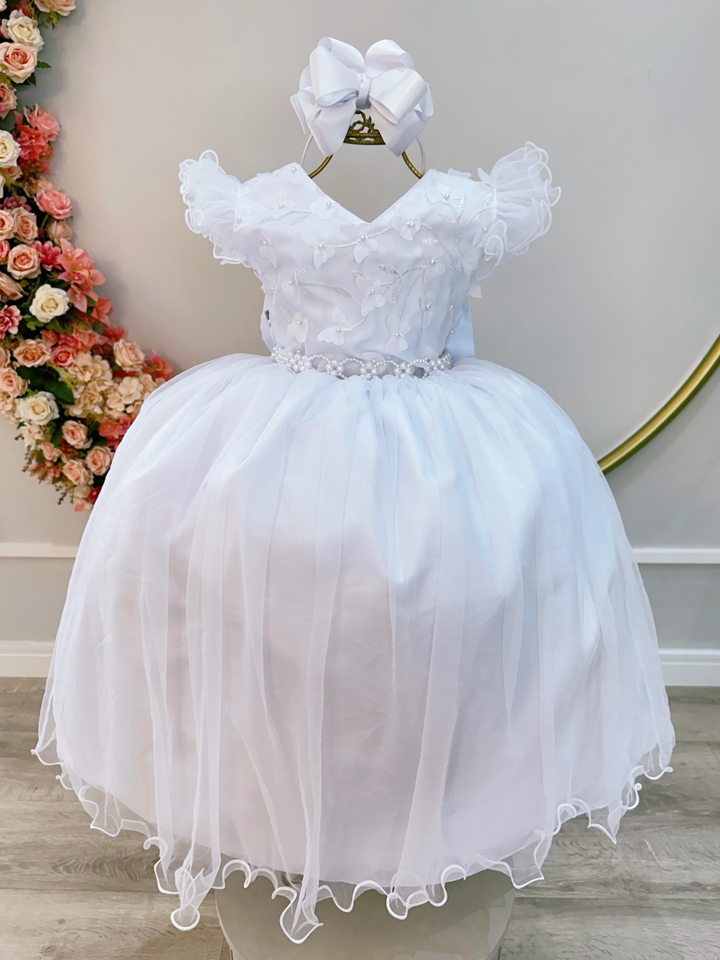 Vestido Infantil Longo Branco Com Apliques Daminhas Festas