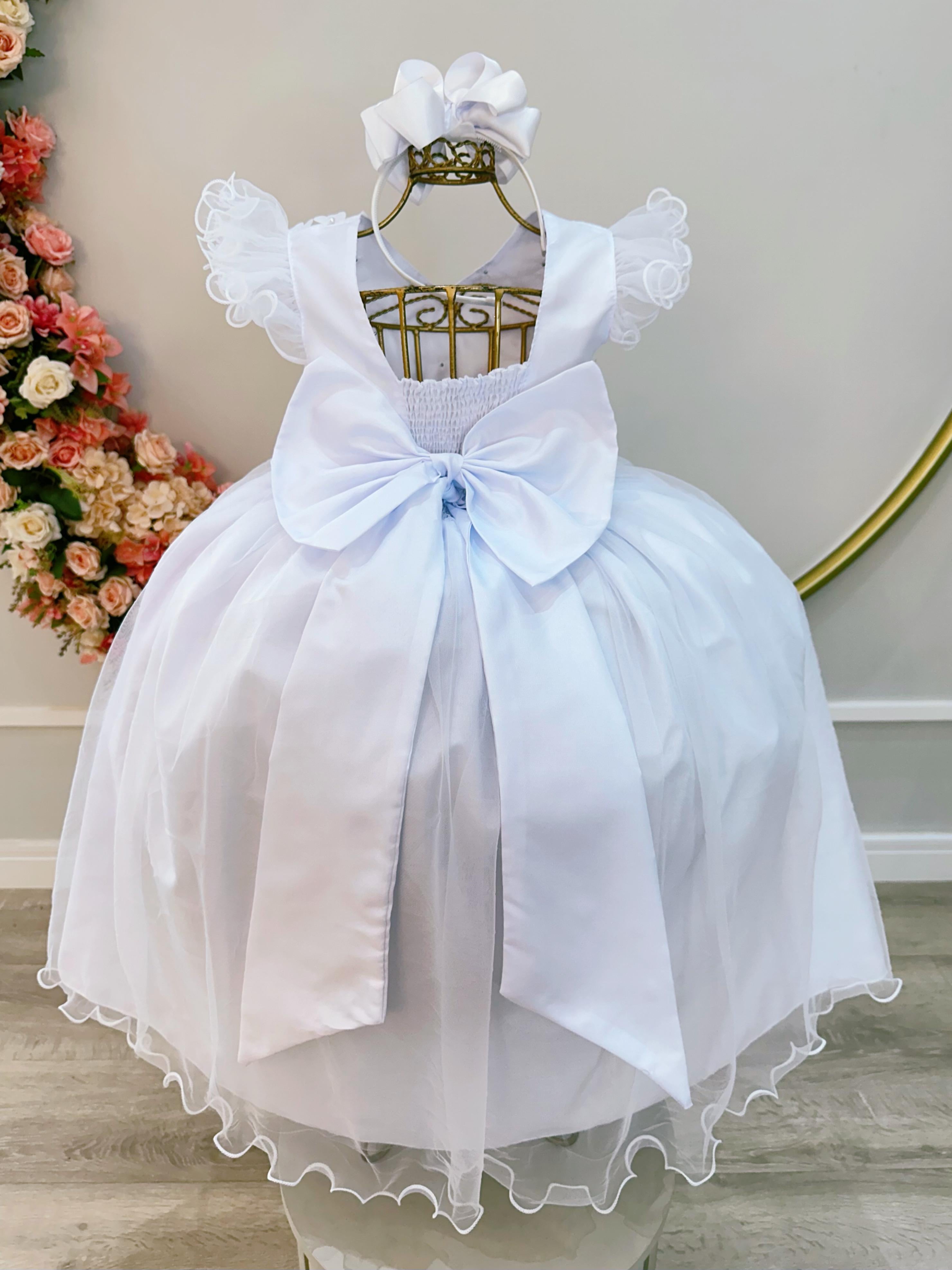 Vestido Infantil Longo Branco Com Apliques Daminhas Festas
