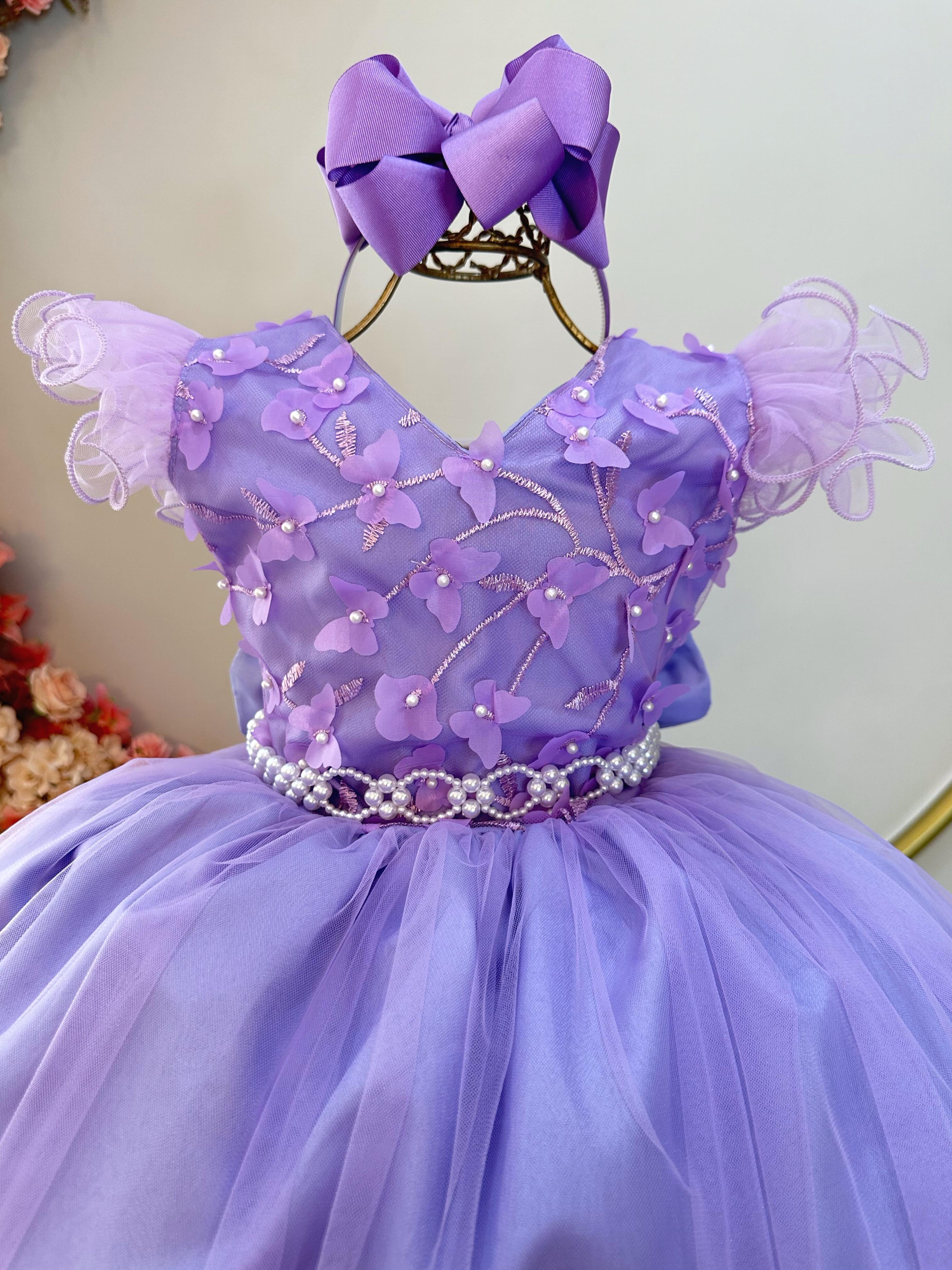 Vestido Infantil Longo Lilás C/ Apliques e Renda Damas Festas