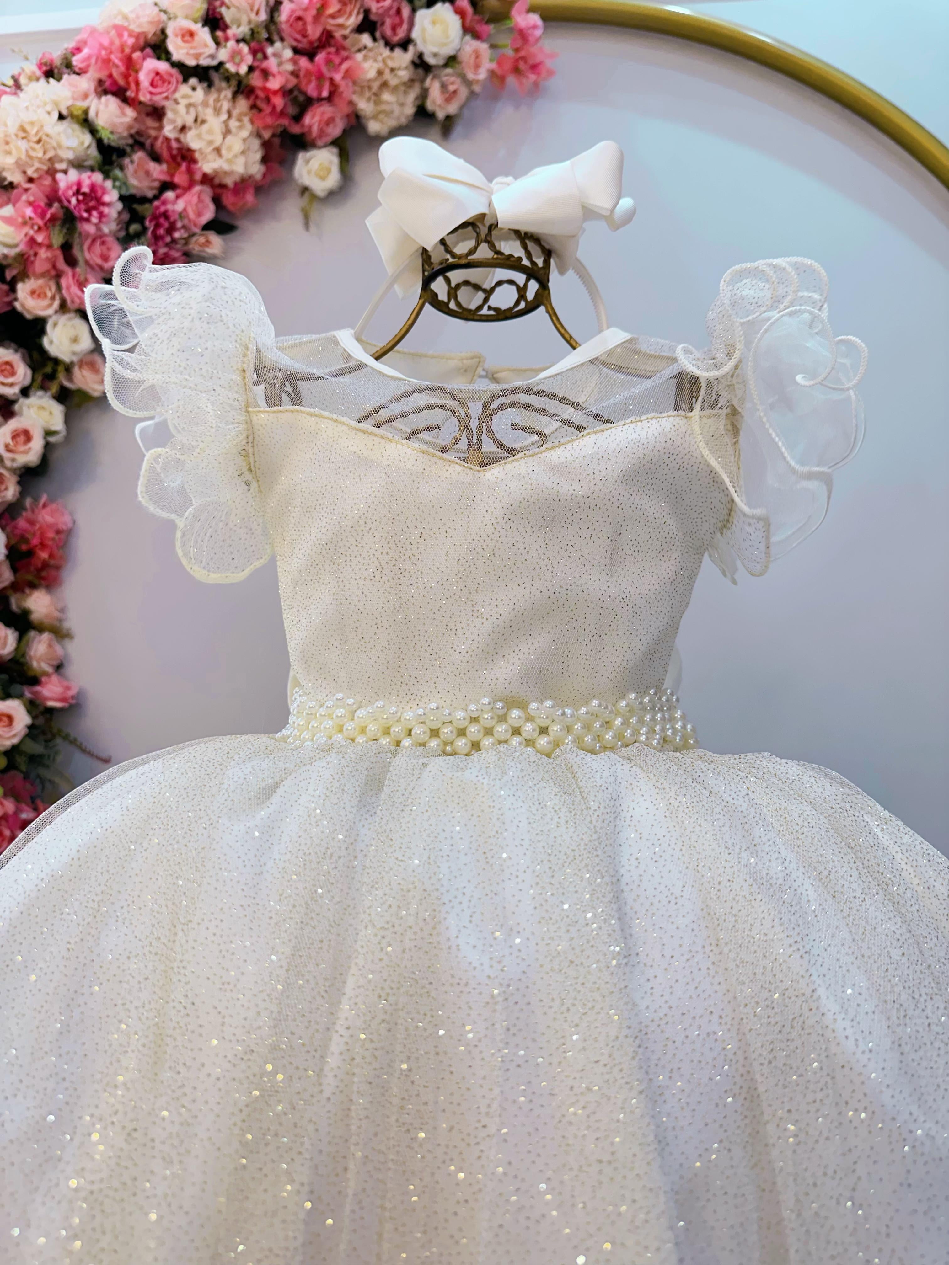 Vestido Infantil Longo Marfim Daminhas de Honra C/ Glitter