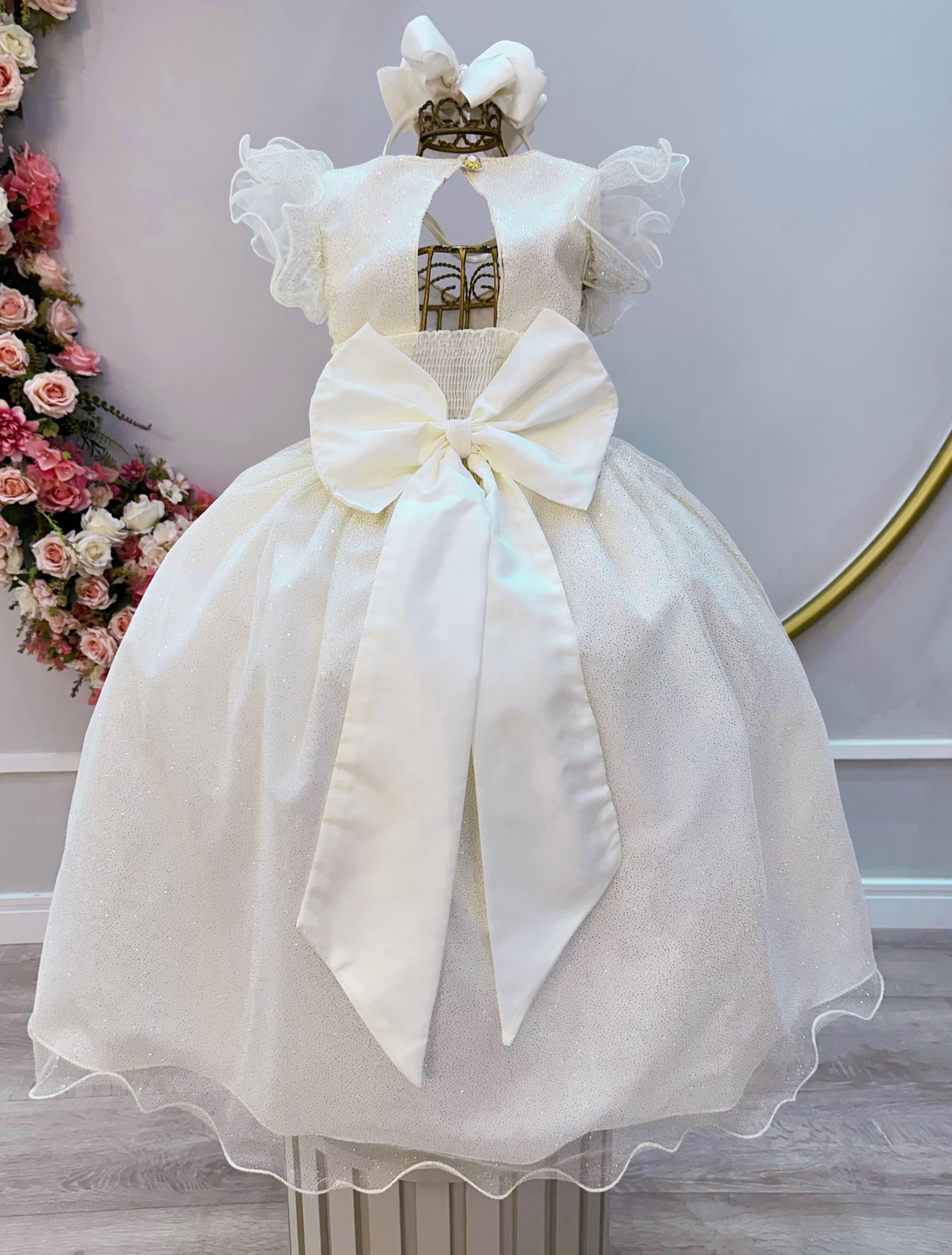 Vestido Infantil Longo Marfim Daminhas de Honra C/ Glitter