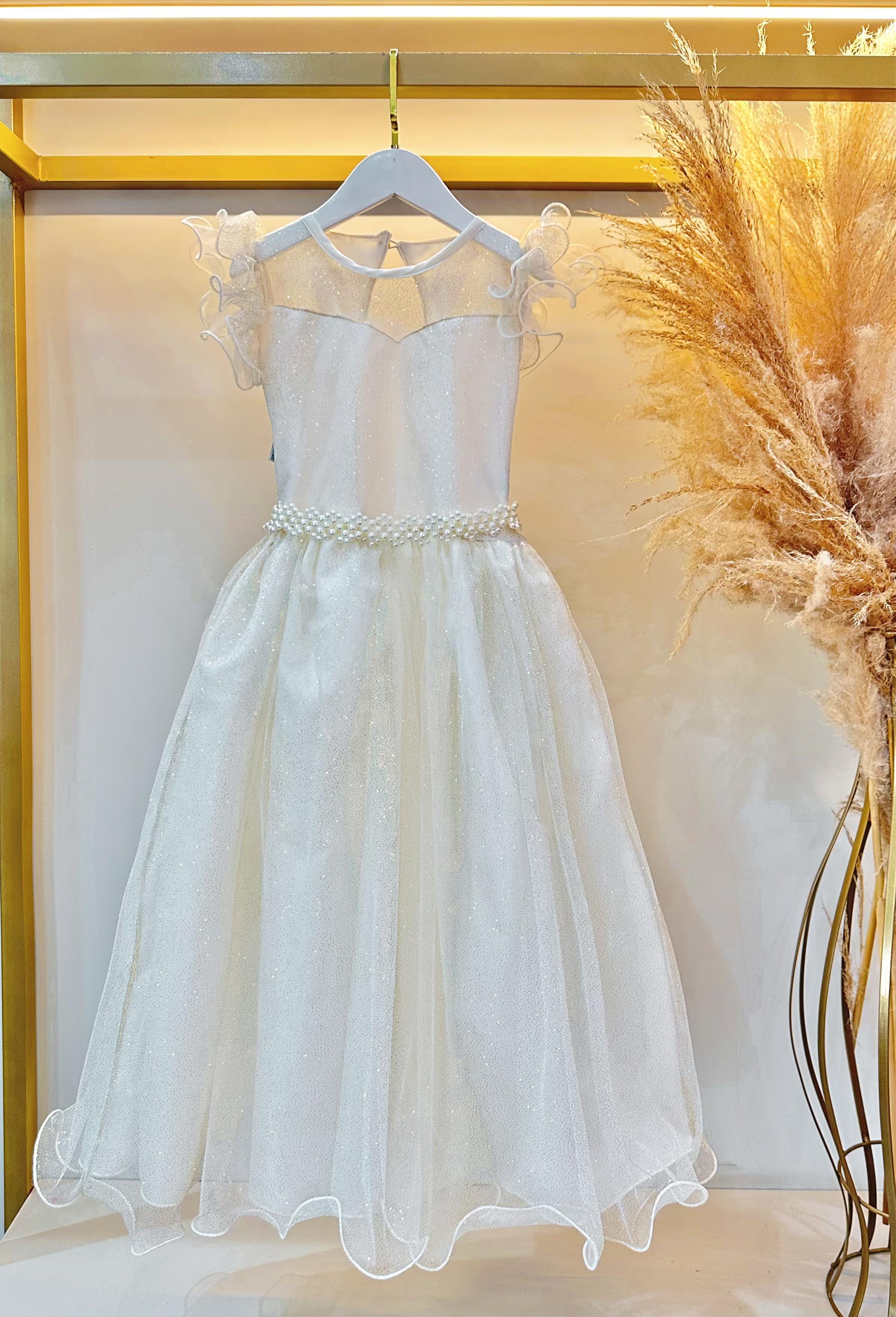 Vestido Infantil Longo Marfim Daminhas de Honra C/ Glitter