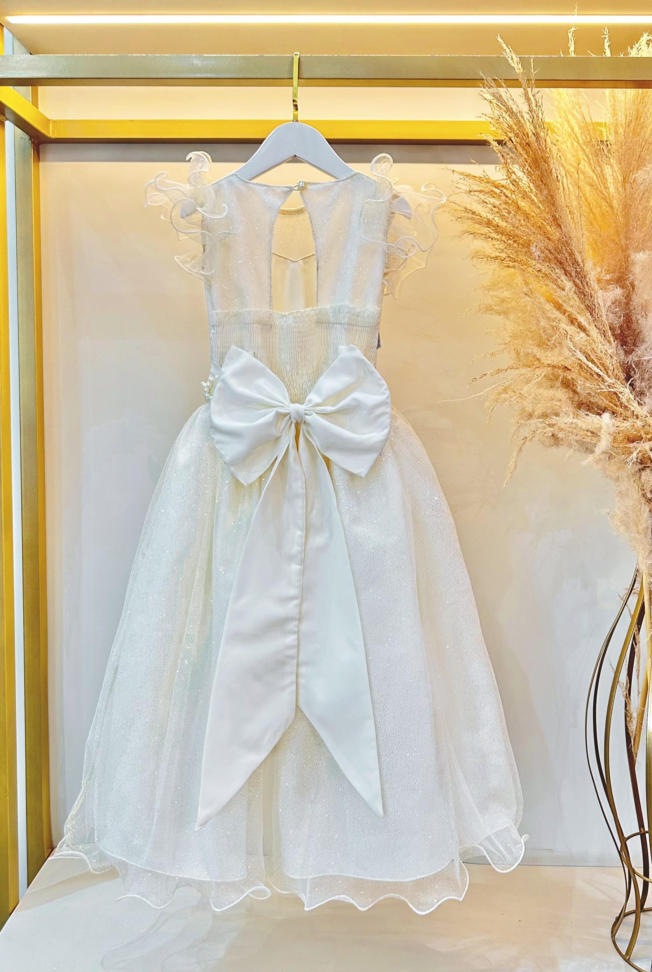Vestido Infantil Longo Marfim Daminhas de Honra C/ Glitter