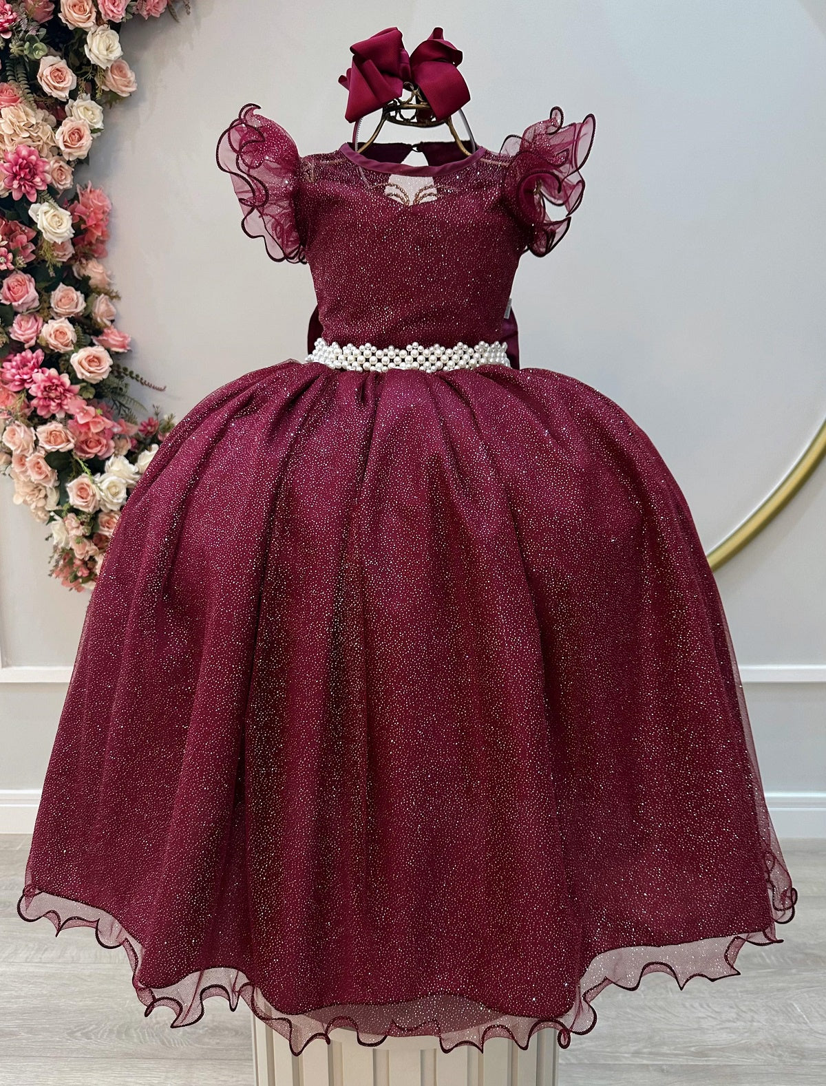 Vestido Infantil Longo Marsala Daminhas de Honra C/ Glitter
