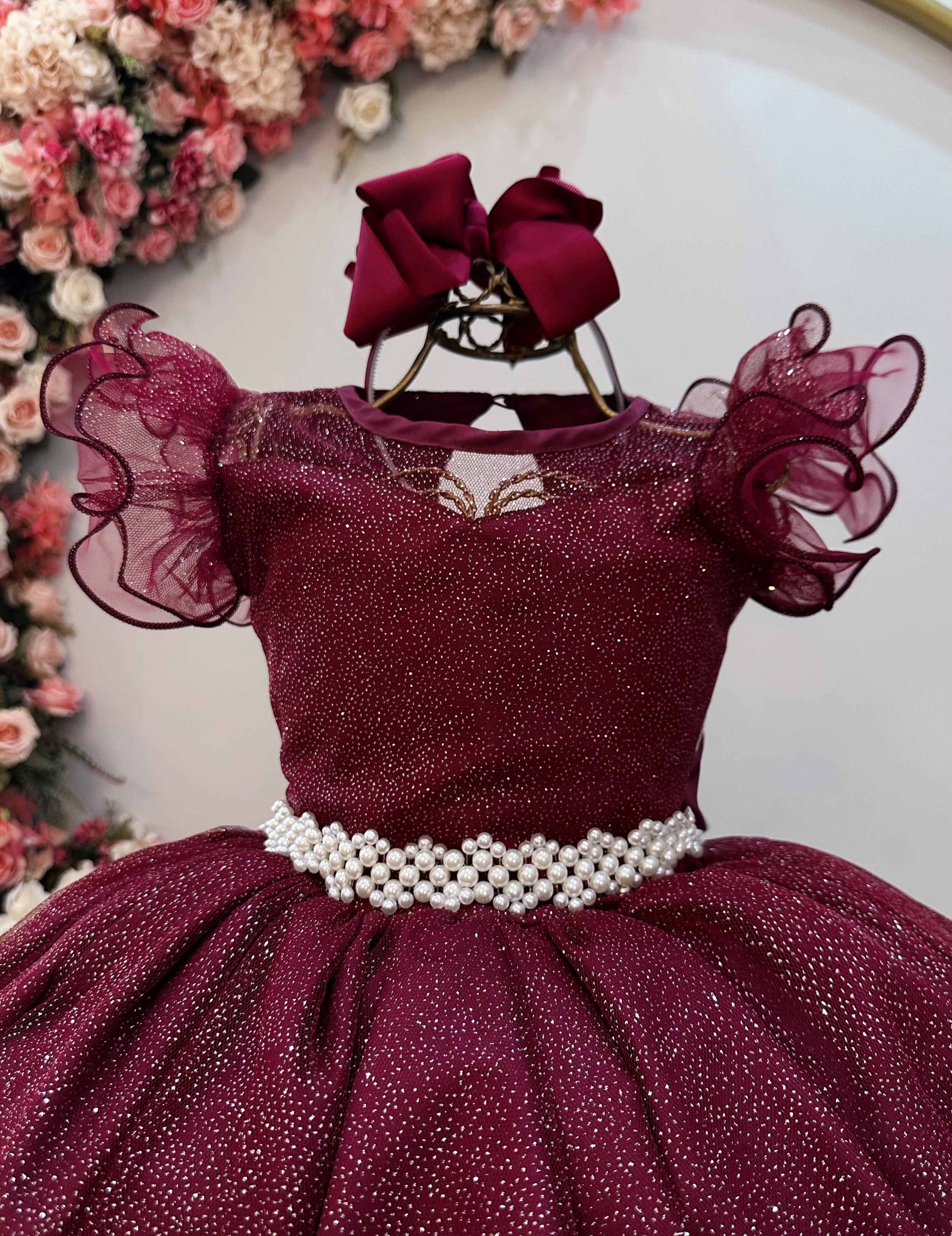 Vestido Infantil Longo Marsala Daminhas de Honra C/ Glitter