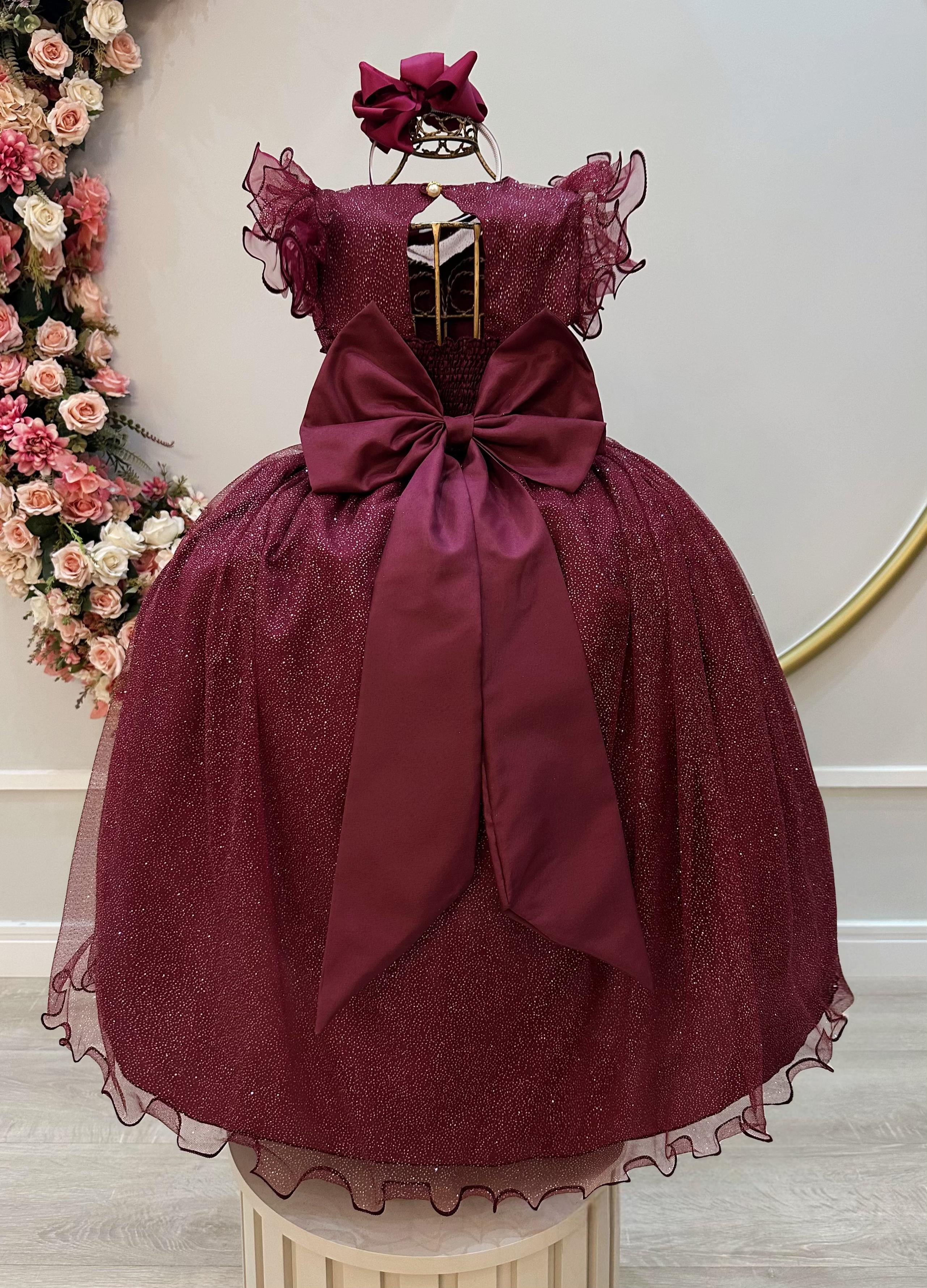 Vestido Infantil Longo Marsala Daminhas de Honra C/ Glitter