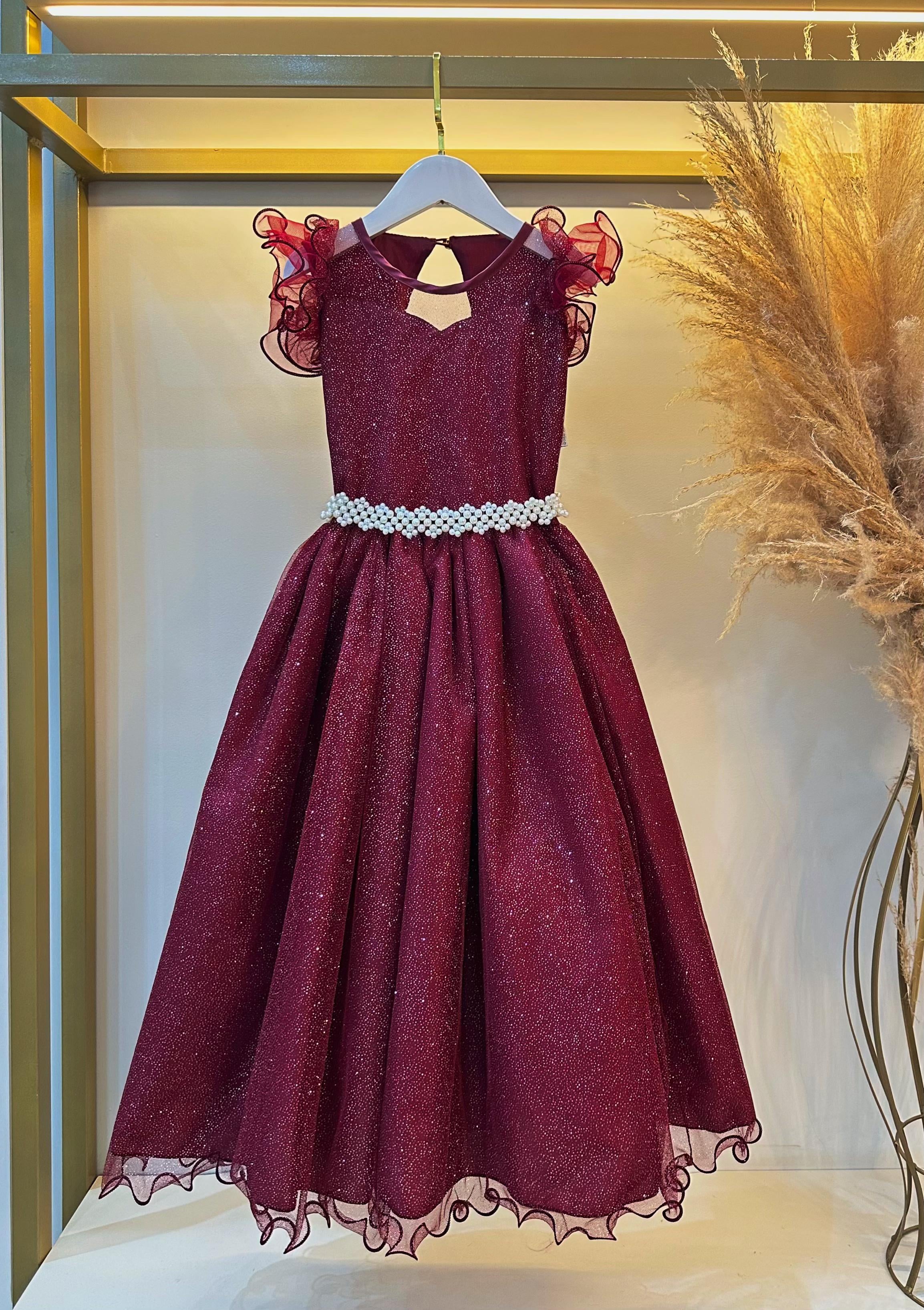 Vestido Infantil Longo Marsala Daminhas de Honra C/ Glitter